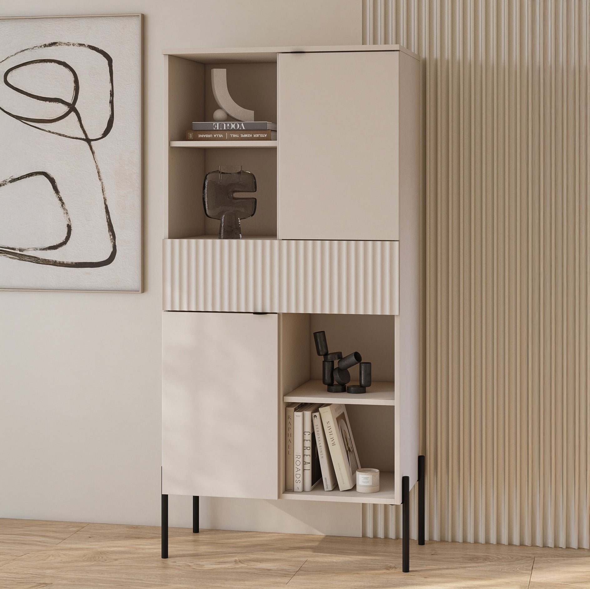 Zweituriges Regal Ore mit 70 cm Kaschmir-Schublade und geriffelter Front