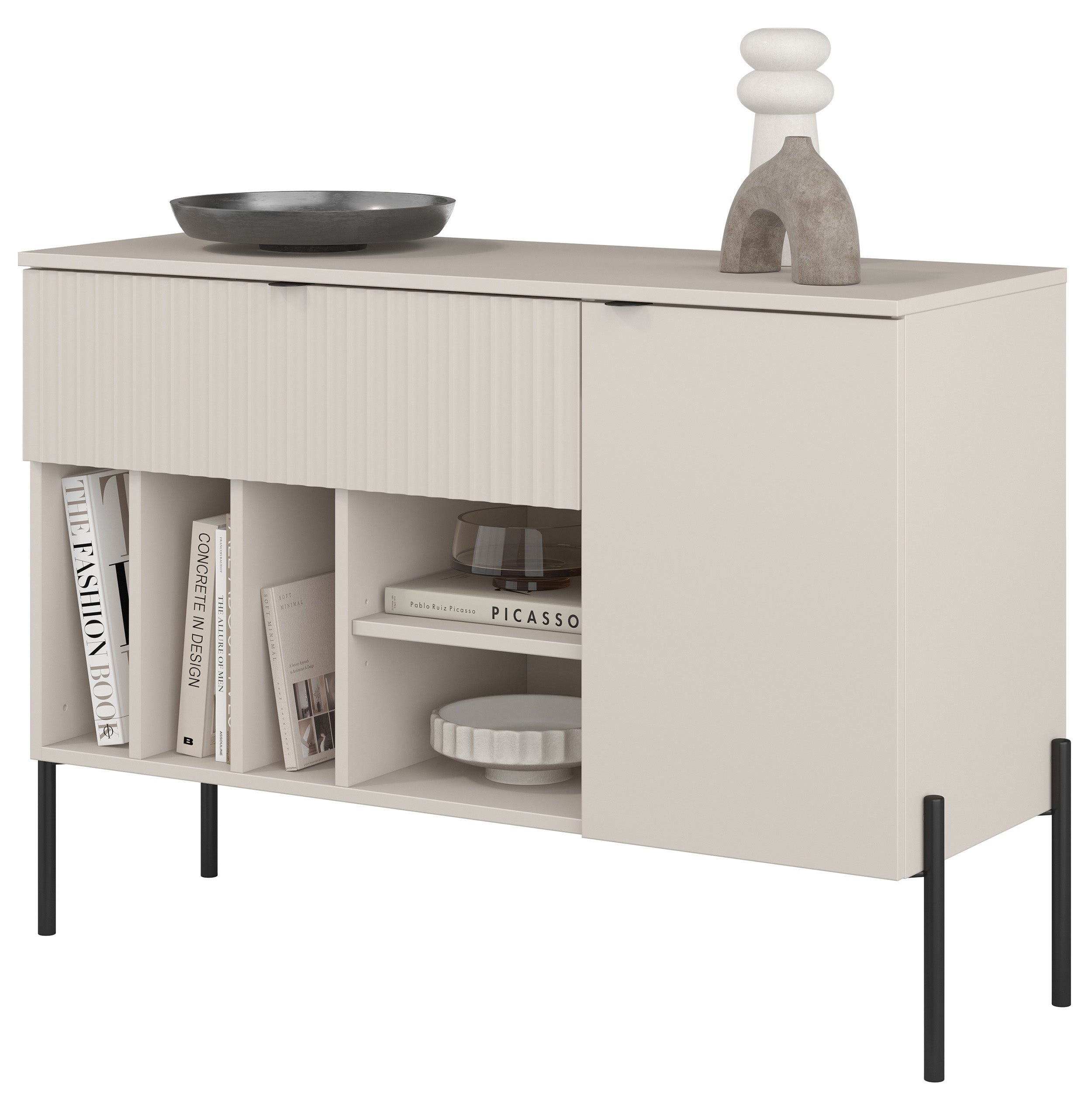 Einflügelige Kommode Ore mit Schublade, 105 cm, Kaschmirfarbe mit geriffelter Front