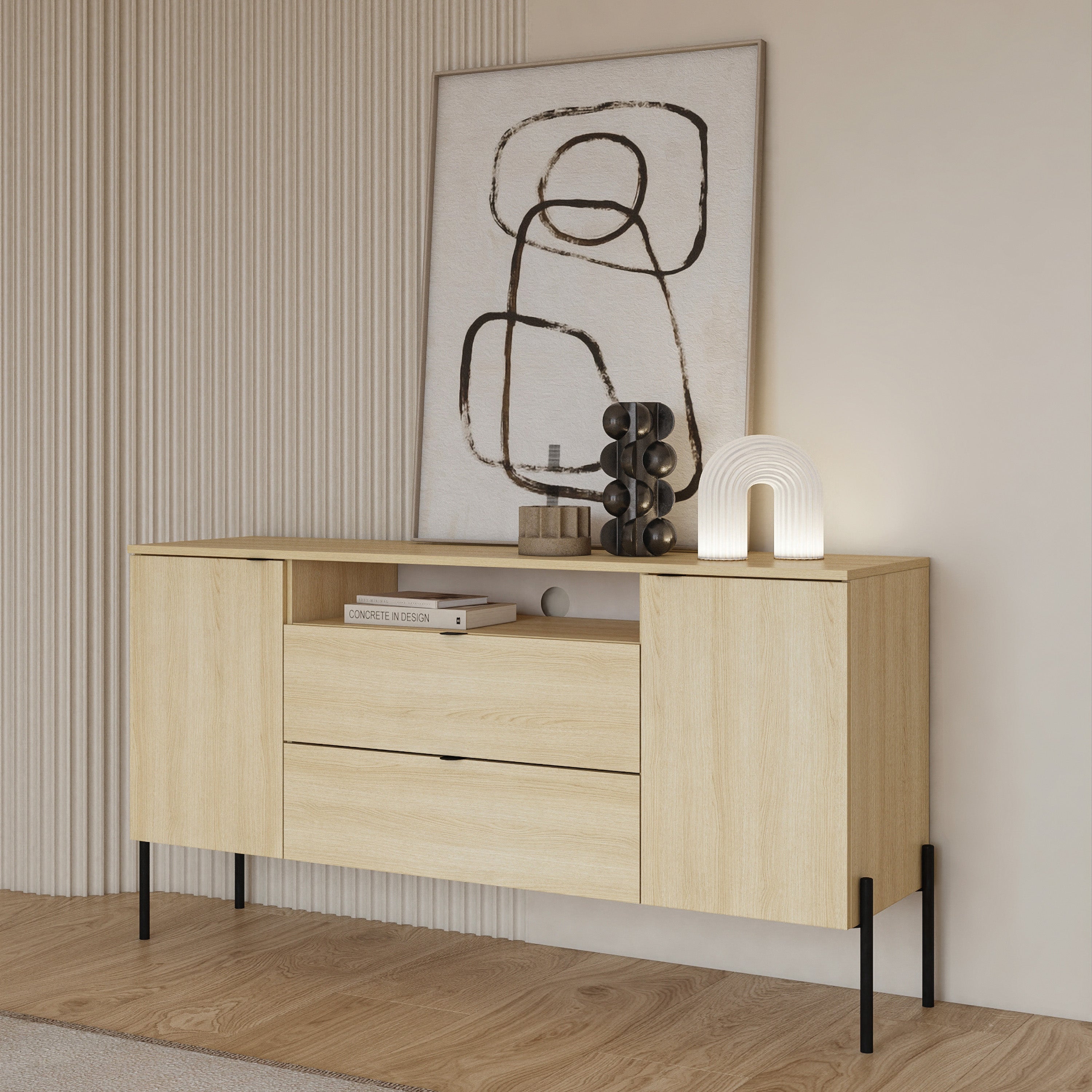 Zweiturige Kommode Ore mit zwei Schubladen, 140 cm, Lindberg-Eiche