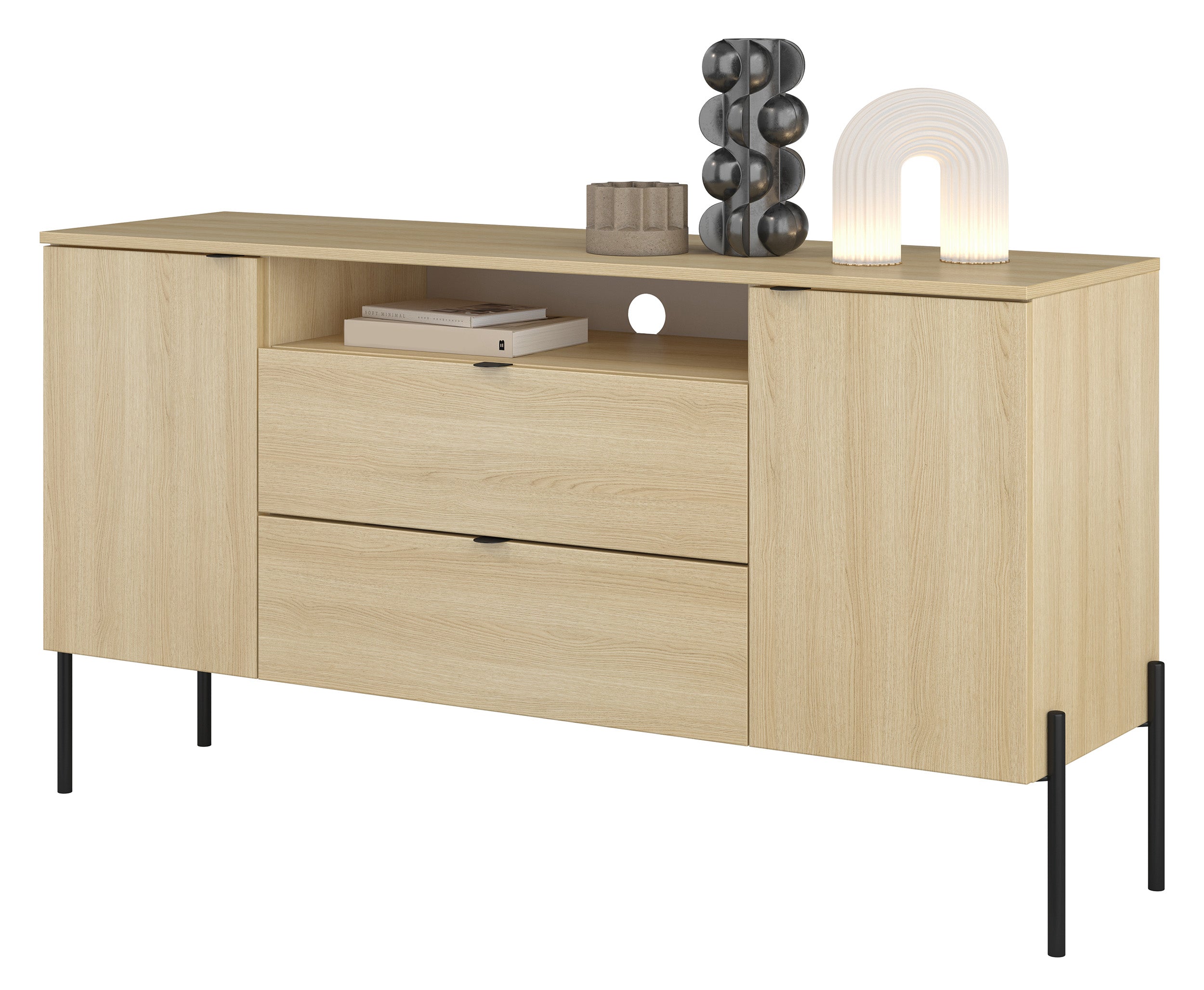 Zweiturige Kommode Ore mit zwei Schubladen, 140 cm, Lindberg-Eiche