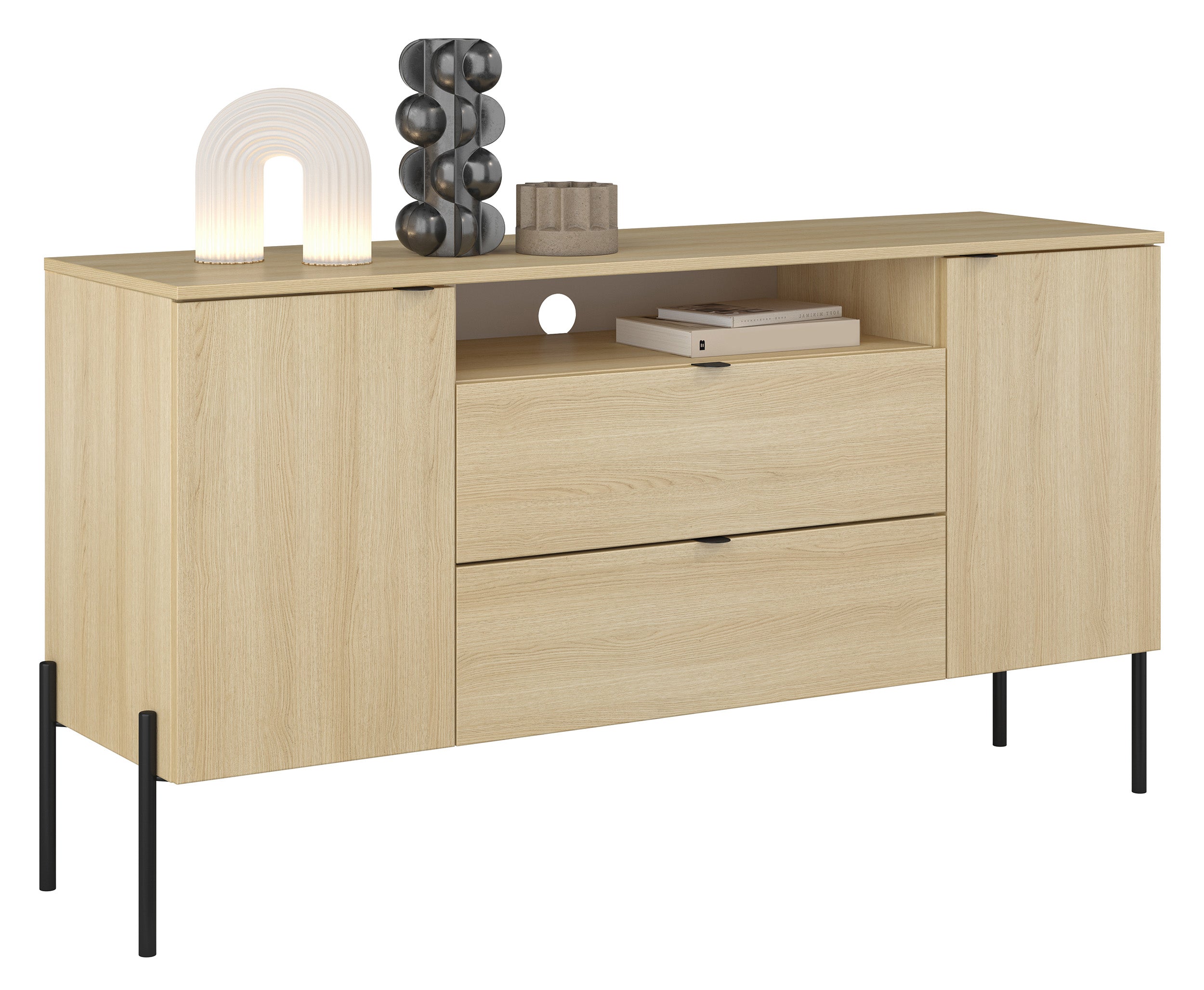 Zweiturige Kommode Ore mit zwei Schubladen, 140 cm, Lindberg-Eiche