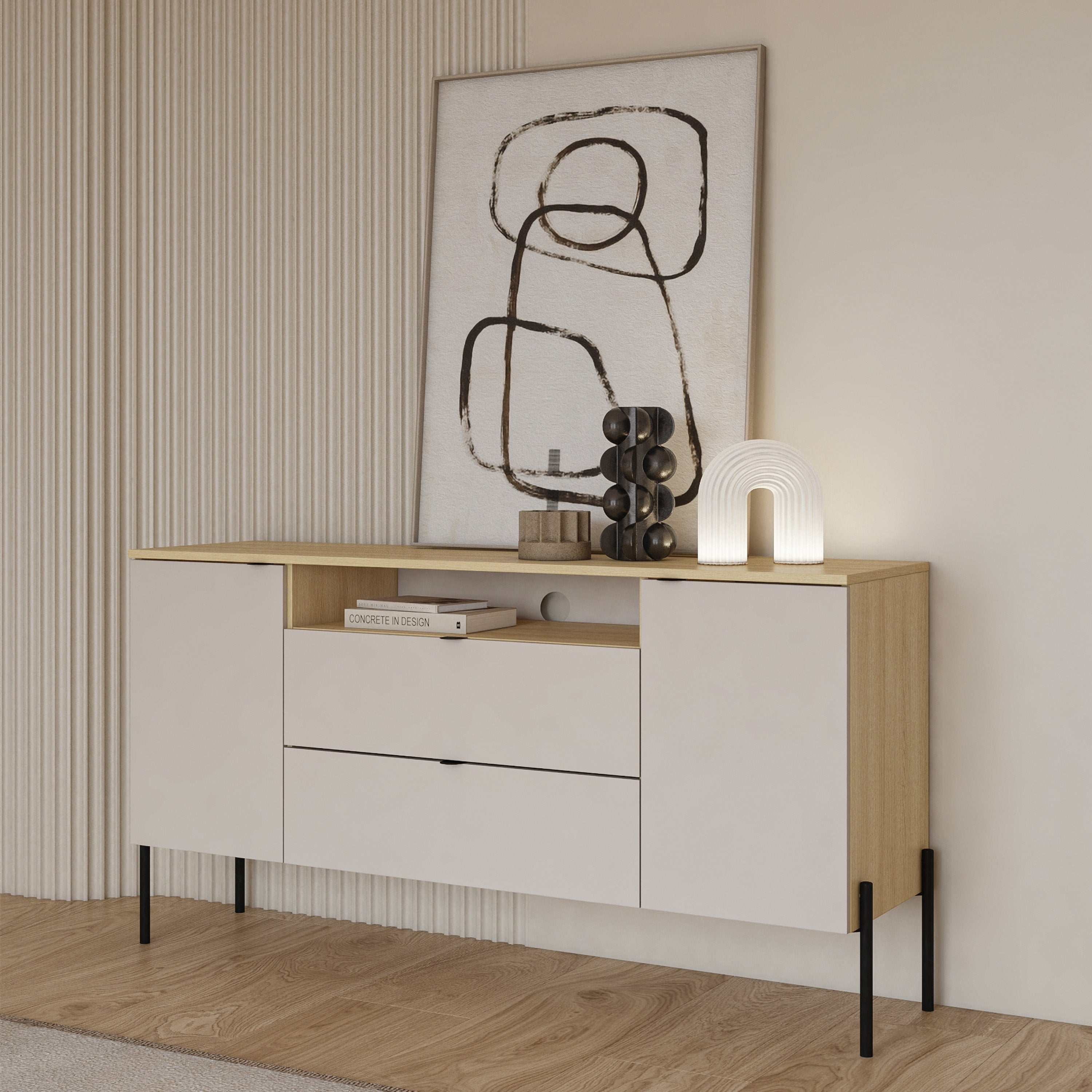 Zweiturige Kommode Ore mit zwei Schubladen, 140 cm, Lindberg-Eiche/Kaschmir