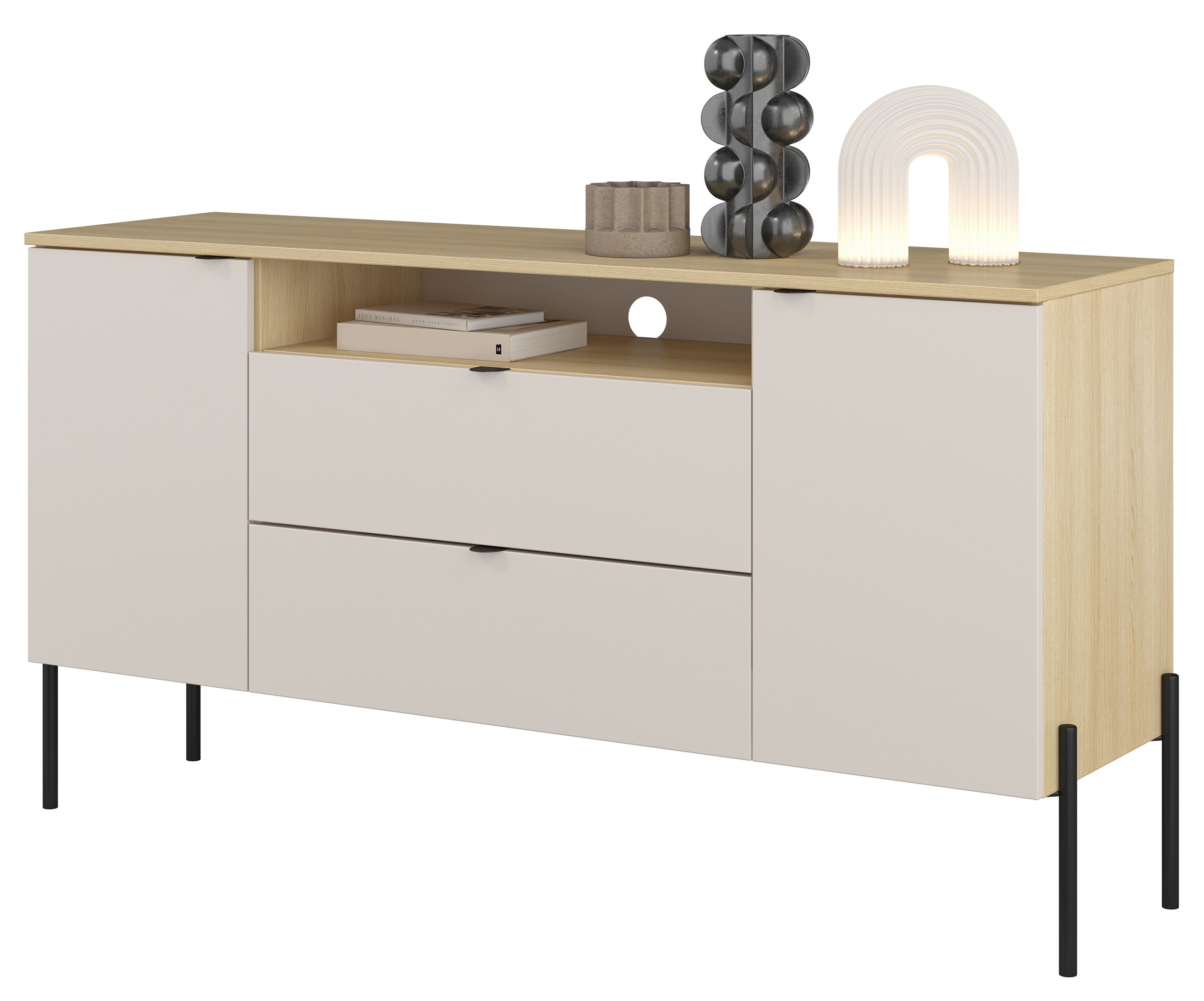 Zweiturige Kommode Ore mit zwei Schubladen, 140 cm, Lindberg-Eiche/Kaschmir