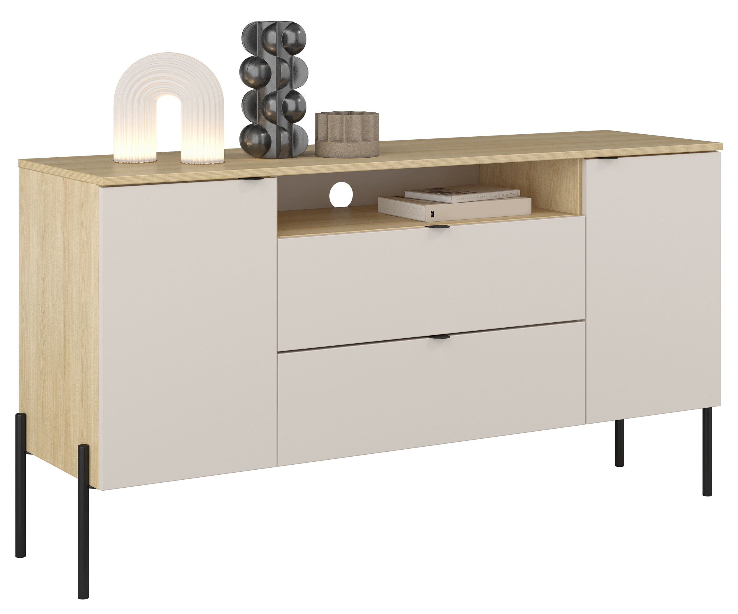 Zweiturige Kommode Ore mit zwei Schubladen, 140 cm, Lindberg-Eiche/Kaschmir
