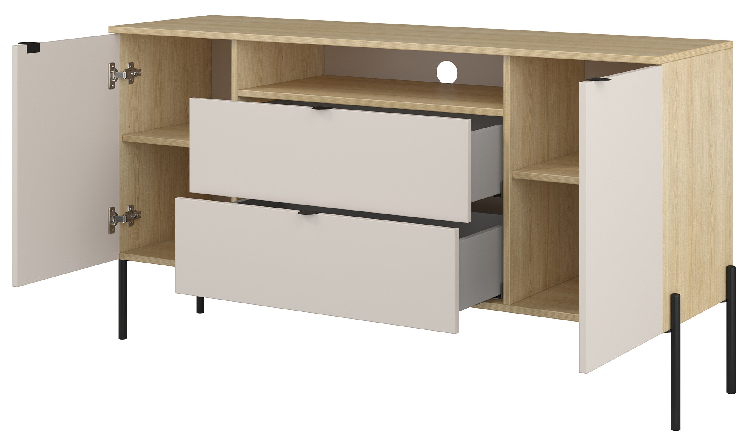 Zweiturige Kommode Ore mit zwei Schubladen, 140 cm, Lindberg-Eiche/Kaschmir