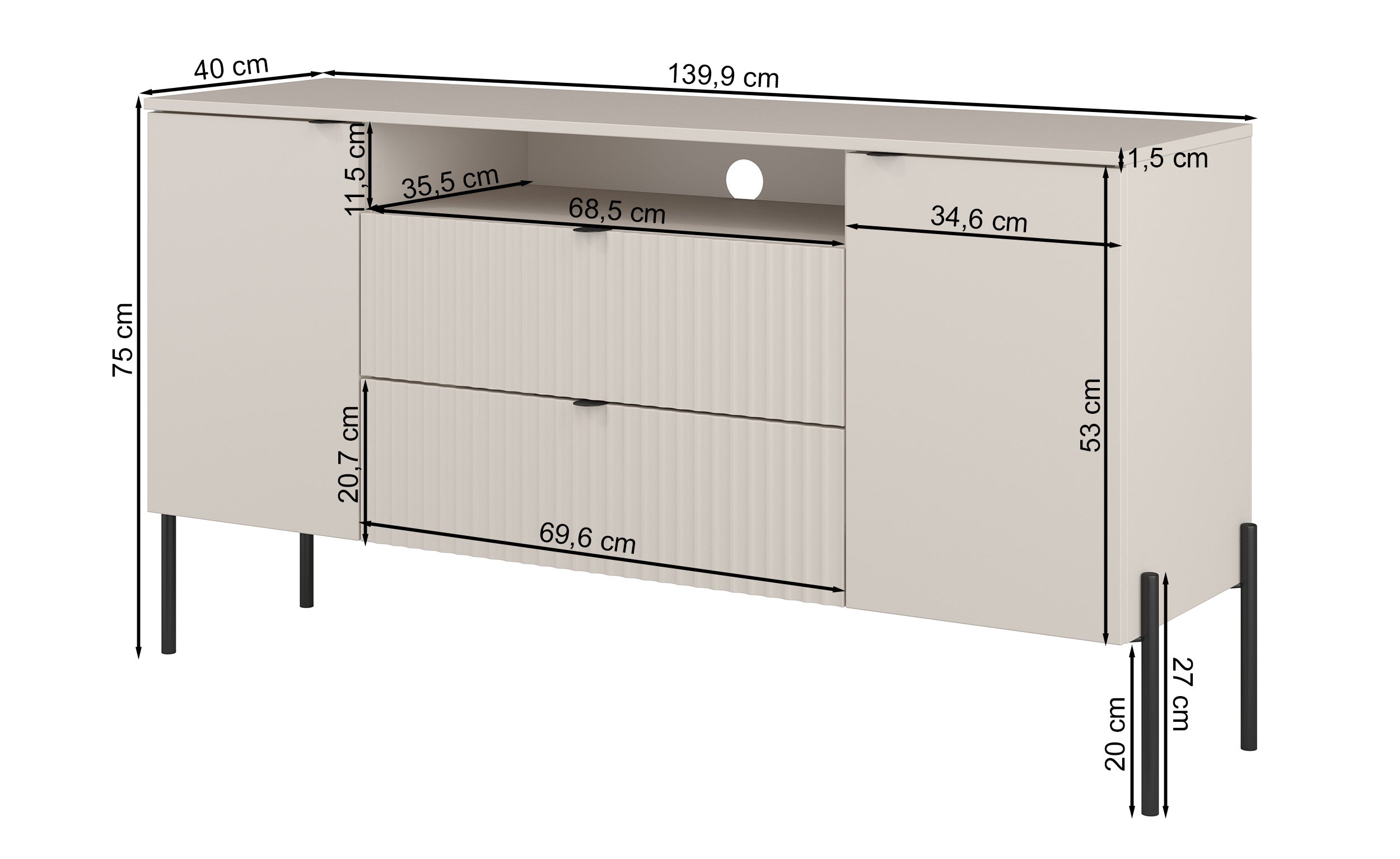 Zweiturige Kommode Ore mit zwei Schubladen, 140 cm, Lindberg-Eiche