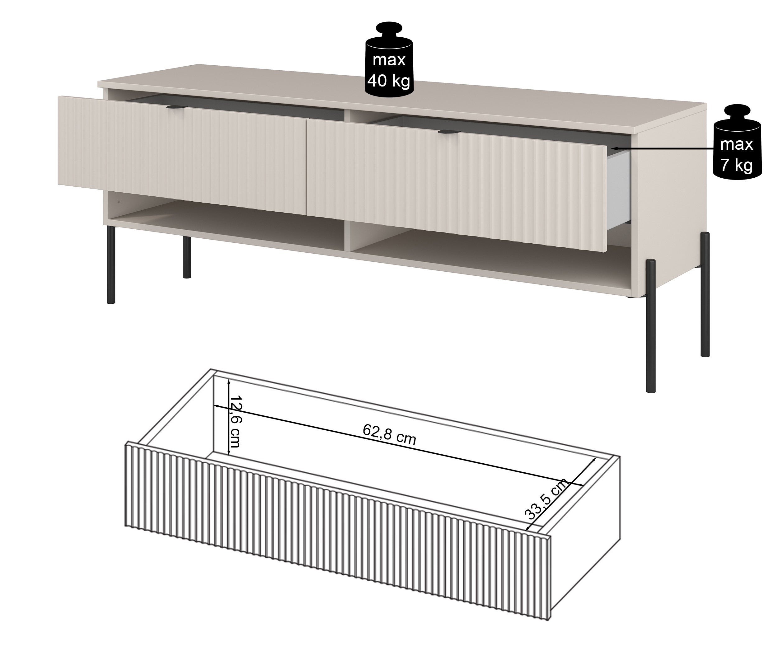 TV-Schrank Ore mit zwei Schubladen, 140 cm, Lindberg-Eiche