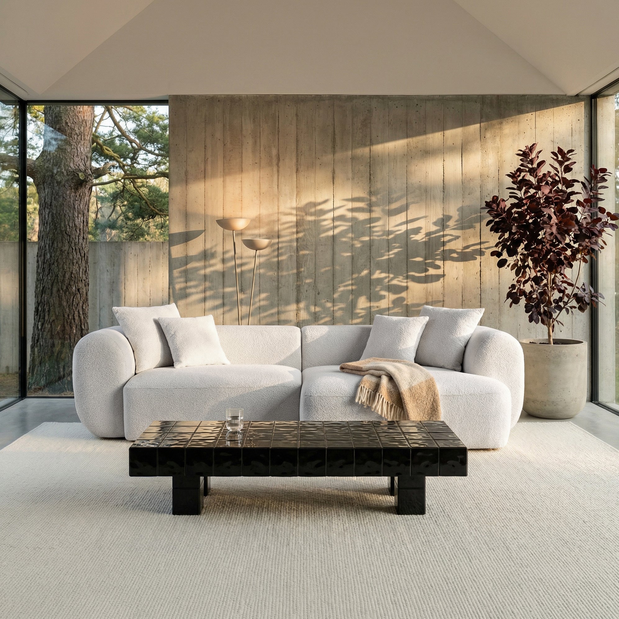 Modulares Baomi Ecksofa in L-Form mit Pouf, rechtsseitig, grau-beige Chenille