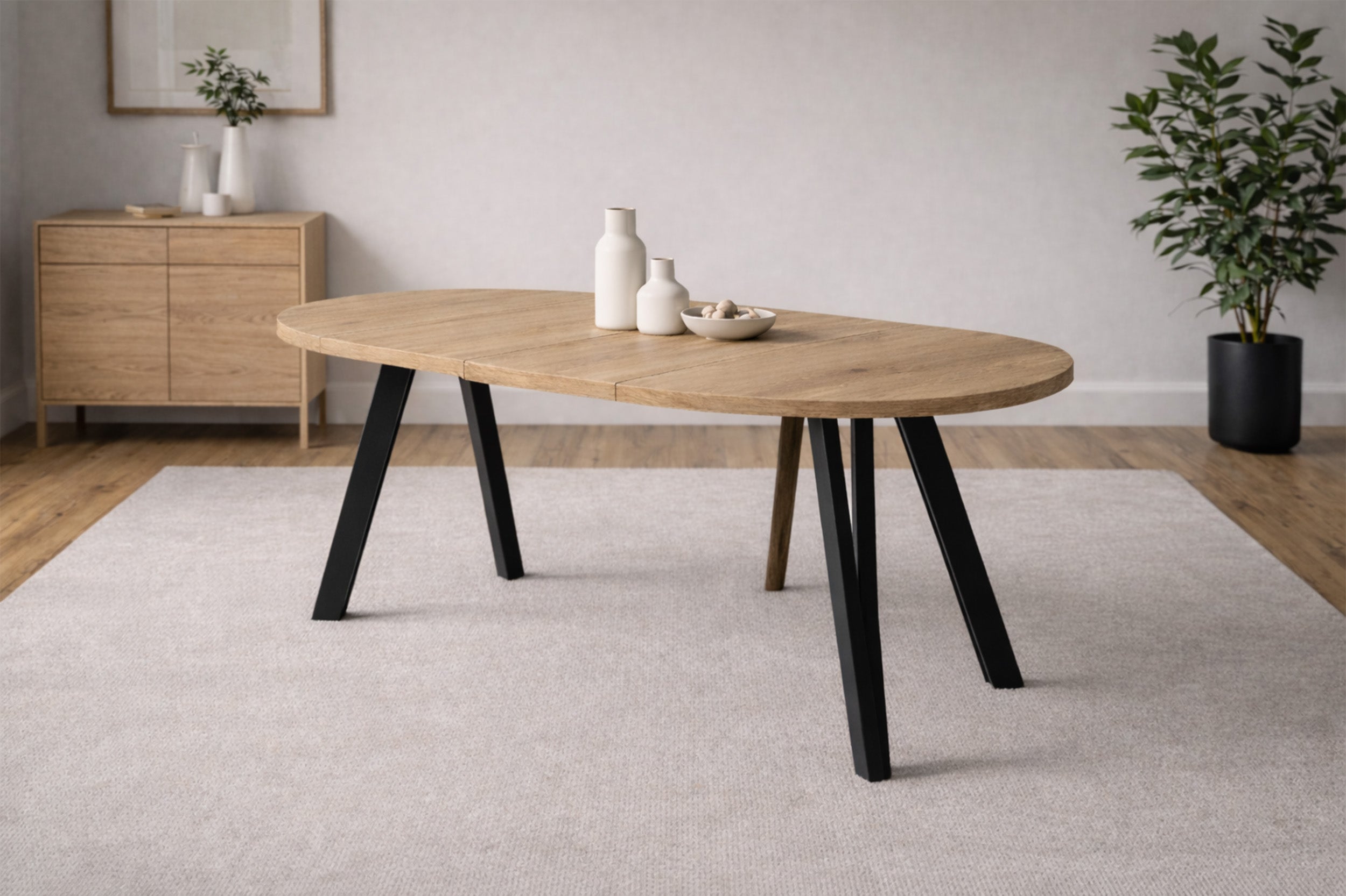 Ausziehbarer Esstisch Osenness 100-180x100 cm Cremona-Eiche mit schwarzen Beinen