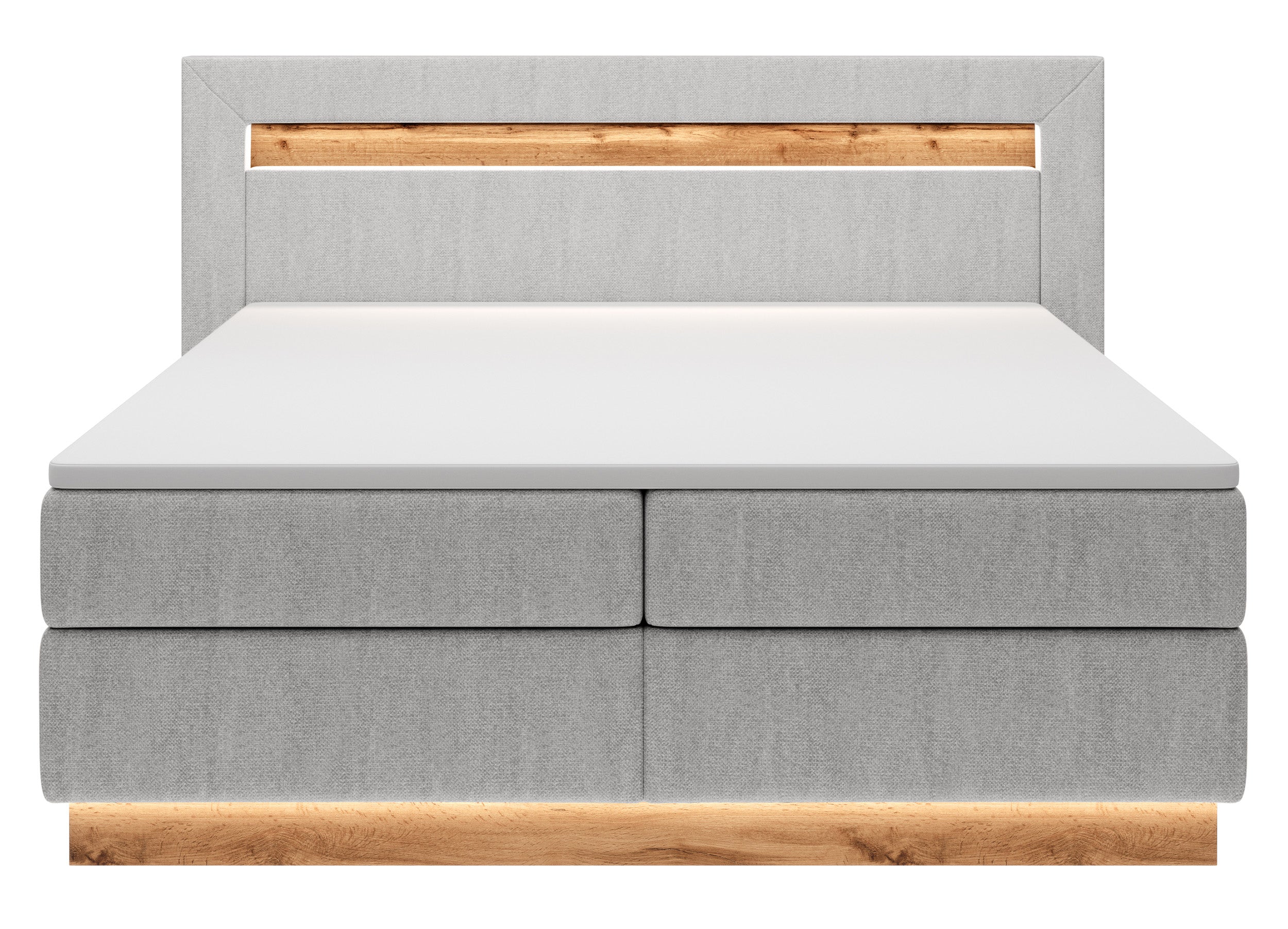 Kontinentales Bett Oski 140x200 cm mit Topper und Beleuchtung, hellgrauer Samt