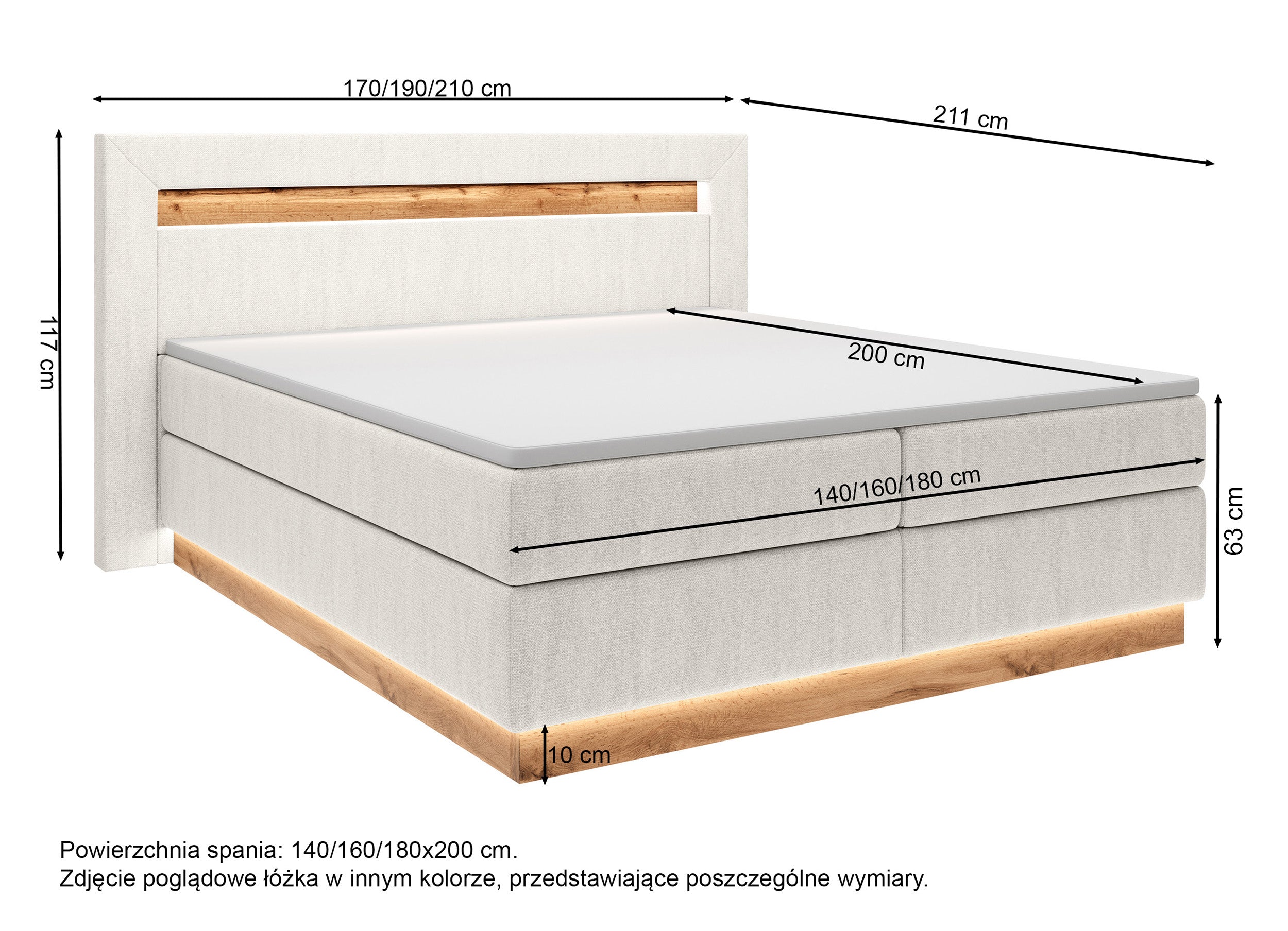 Kontinentales Bett Oski 140x200 cm mit Topper und Beleuchtung, hellgrauer Samt