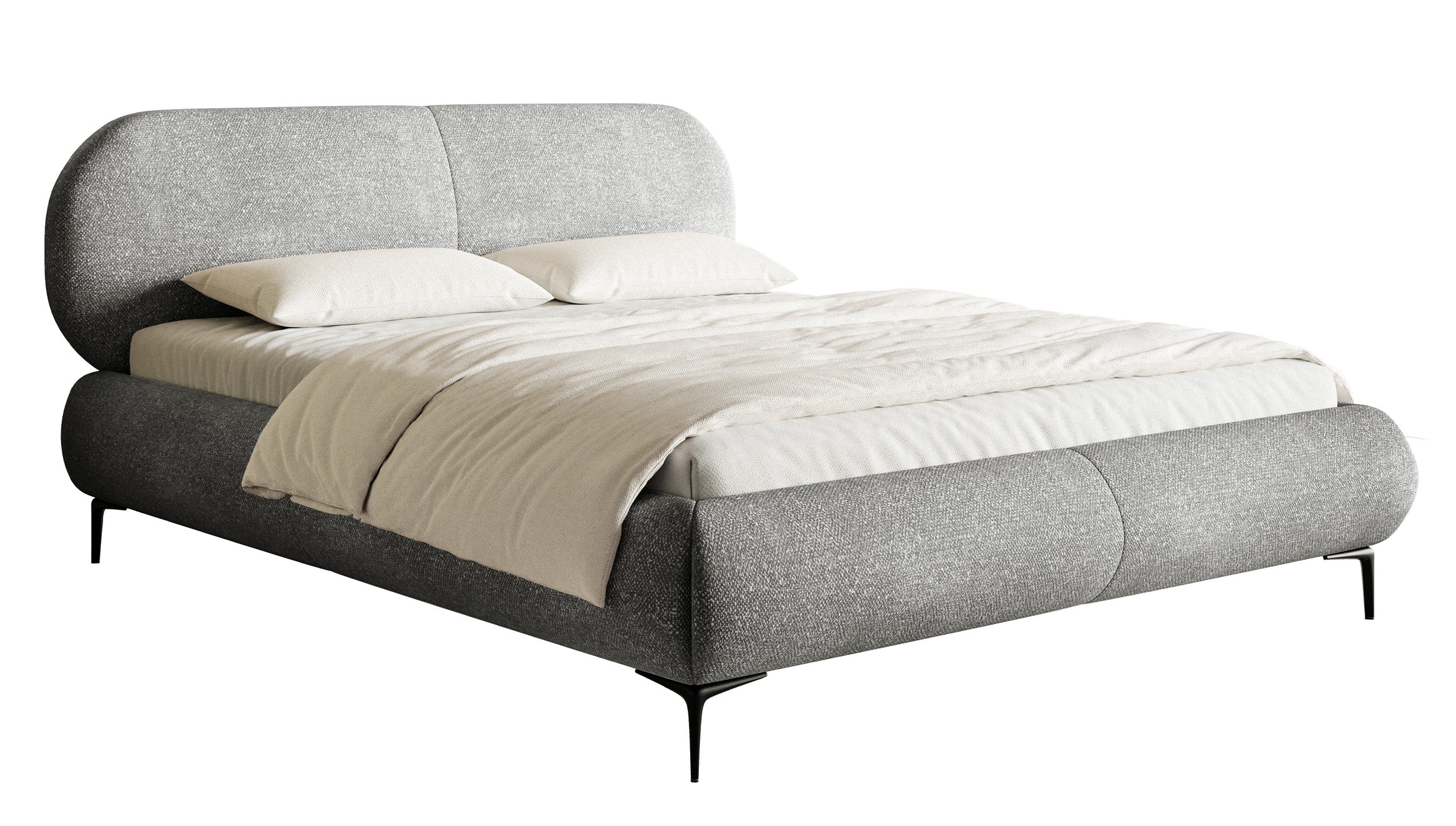 Gepolstertes Bett 140x200 cm Ovalle, grauer Chenille-Stoff, schwarze Beine