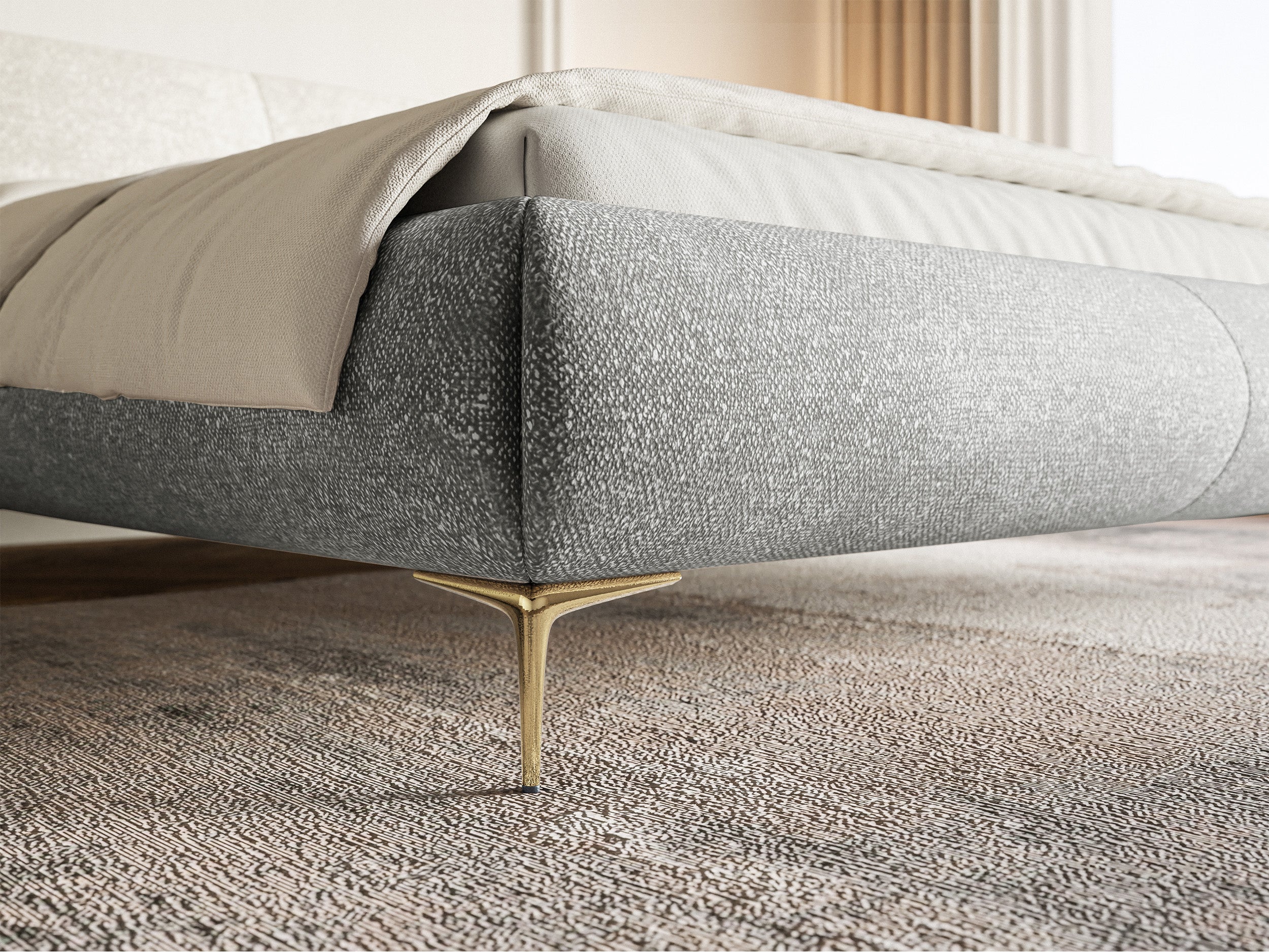 Gepolstertes Bett 180x200 cm Ovalle, grauer Chenille-Stoff, goldene Beine