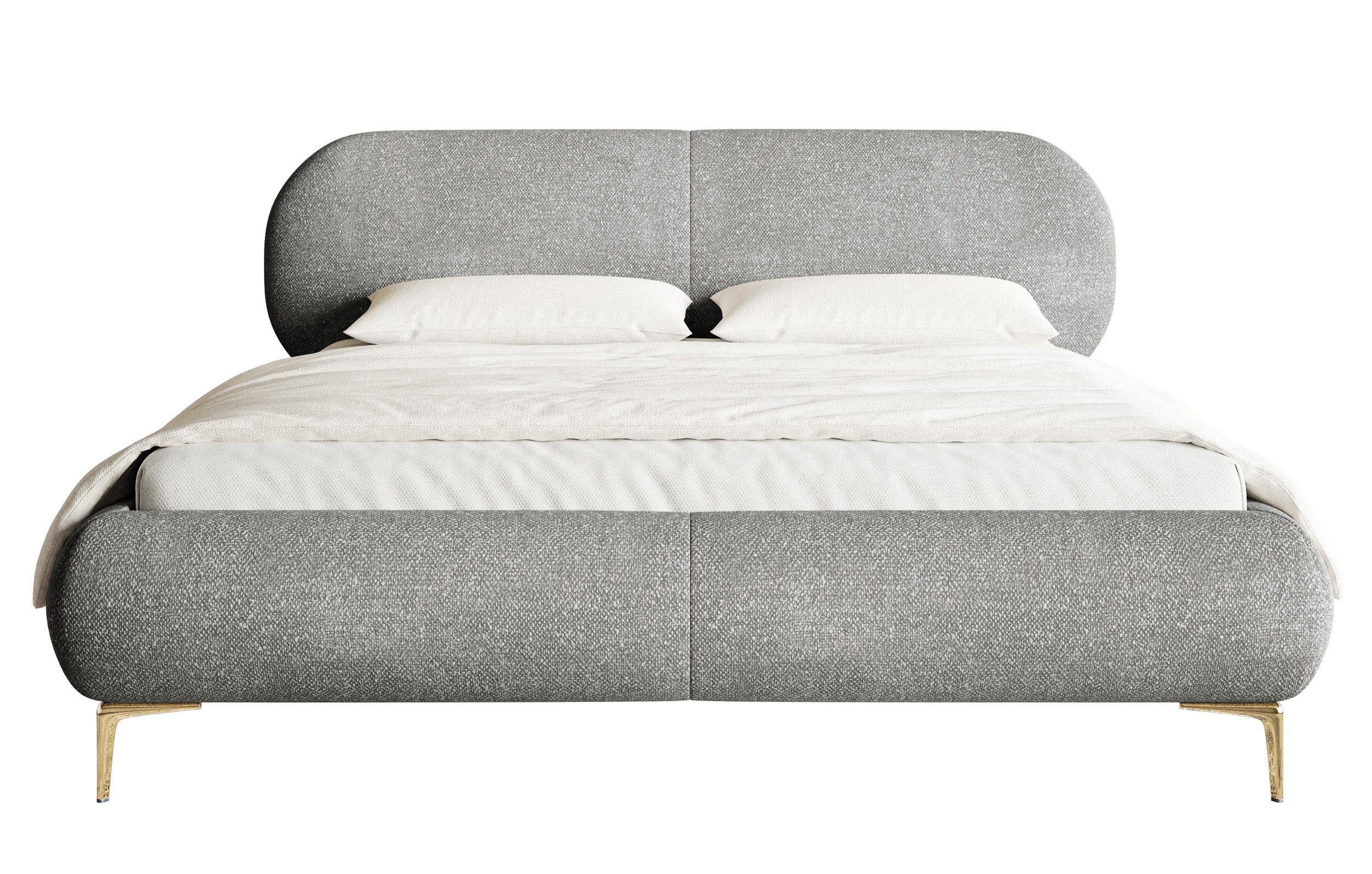 Gepolstertes Bett 140x200 cm Ovalle mit Stauraum, Metallrahmen, grauer hydrophober Chenille-Stoff, goldene Füße