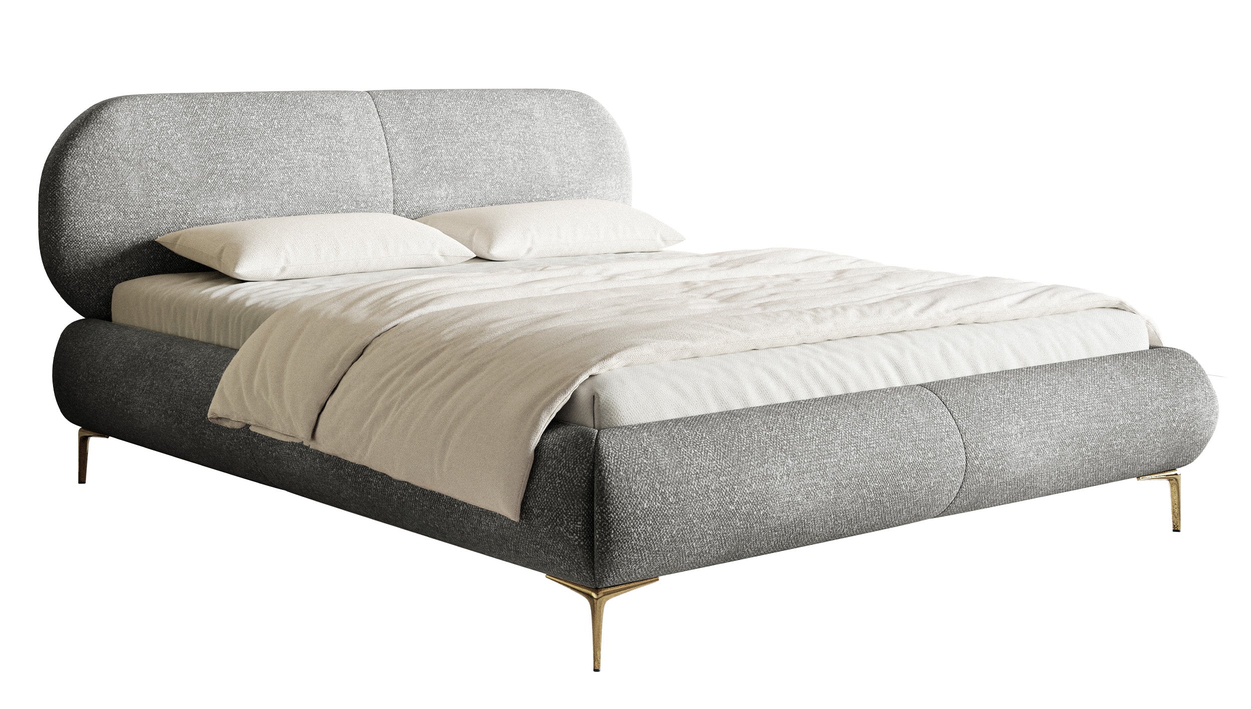Gepolstertes Bett 140x200 cm Ovalle, grauer Chenille-Stoff, goldene Beine