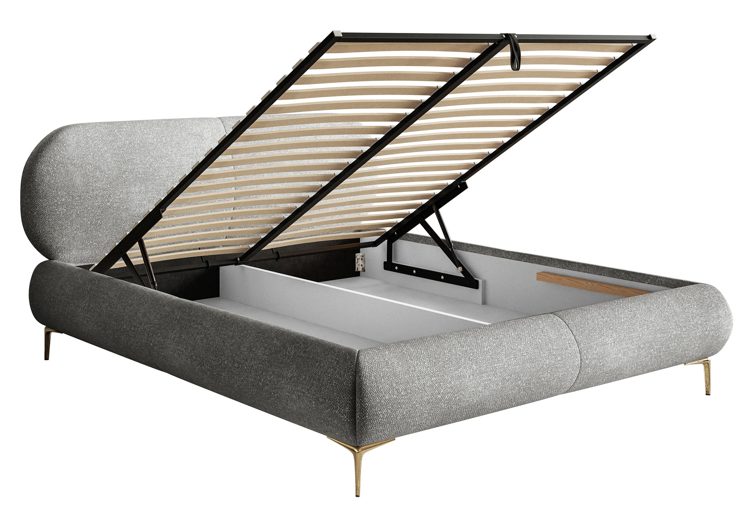 Gepolstertes Bett 140x200 cm Ovalle mit Stauraum, Metallrahmen, grauer hydrophober Chenille-Stoff, goldene Füße