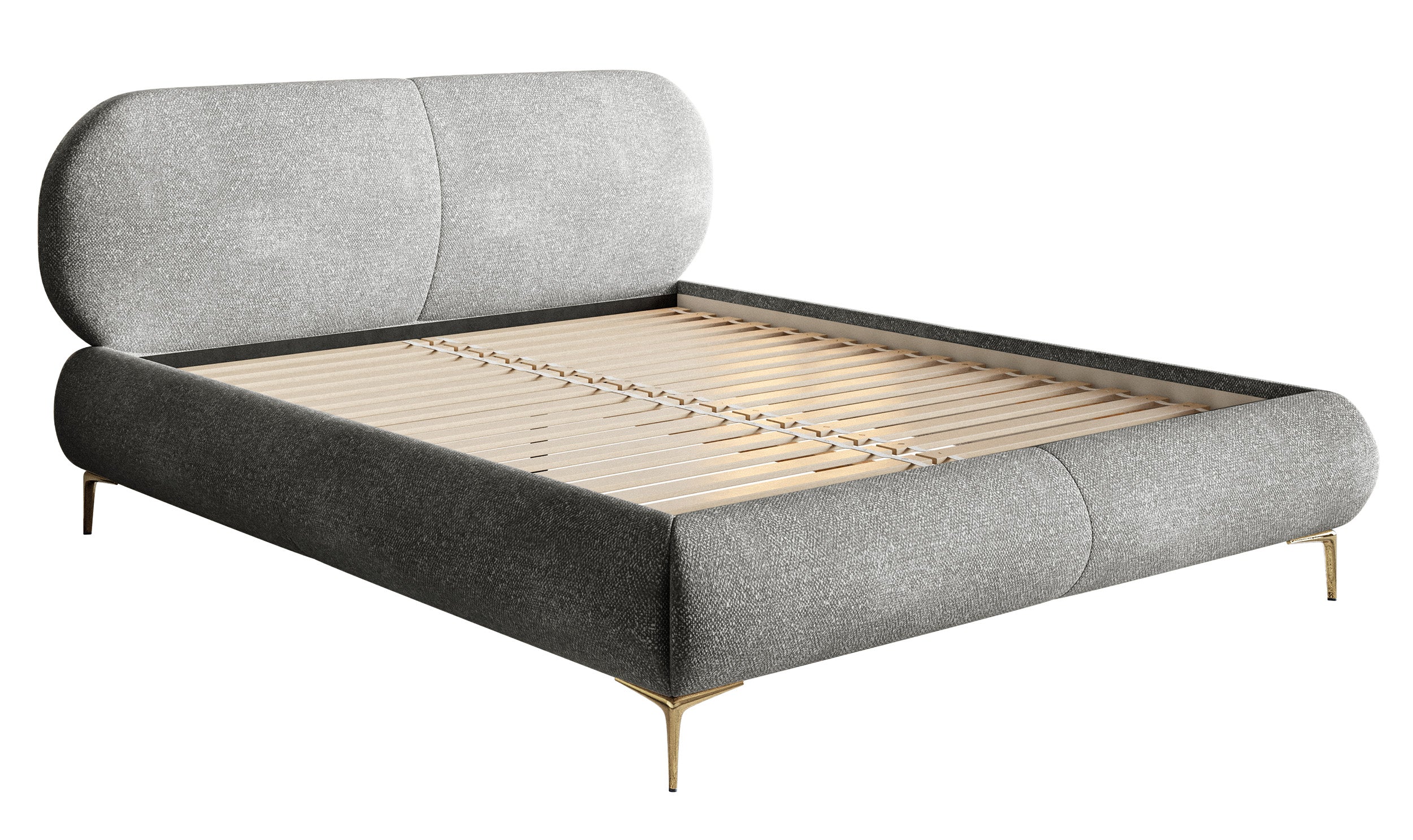 Gepolstertes Bett 180x200 cm Ovalle, grauer Chenille-Stoff, goldene Beine