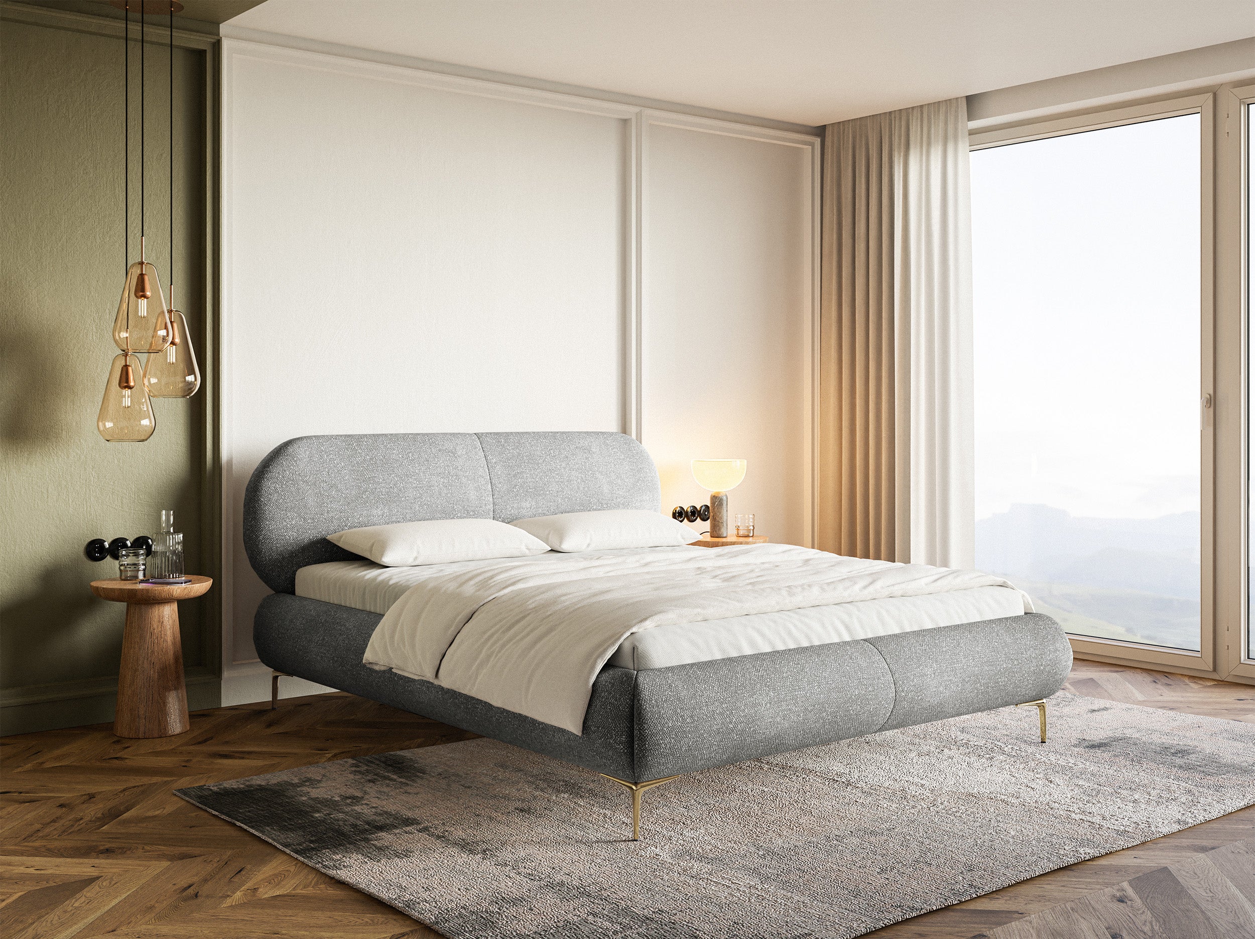 Gepolstertes Bett 180x200 cm Ovalle, grauer Chenille-Stoff, goldene Beine