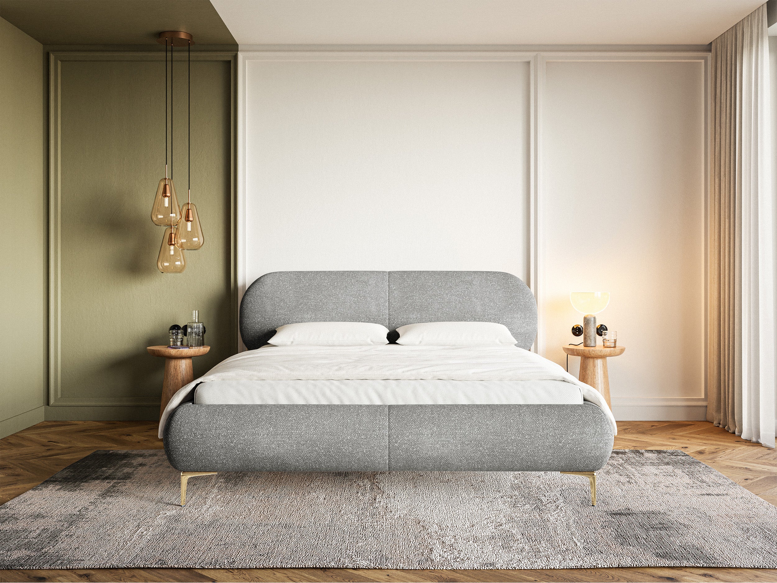 Gepolstertes Bett 140x200 cm Ovalle mit Stauraum, Metallrahmen, grauer hydrophober Chenille-Stoff, goldene Füße