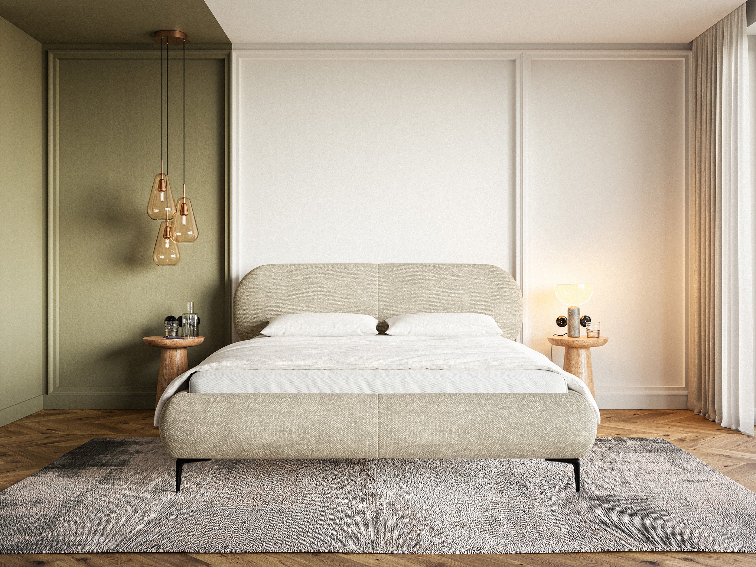 Polsterbett 180x200 cm Ovalle, beige Chenille, schwarze Beine