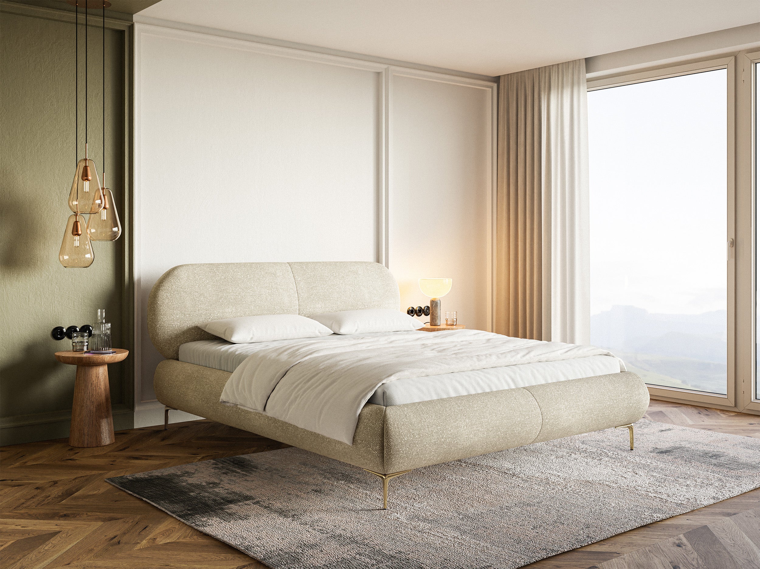 Polsterbett 160x200 cm Ovalle, beige Chenille, goldene Beine