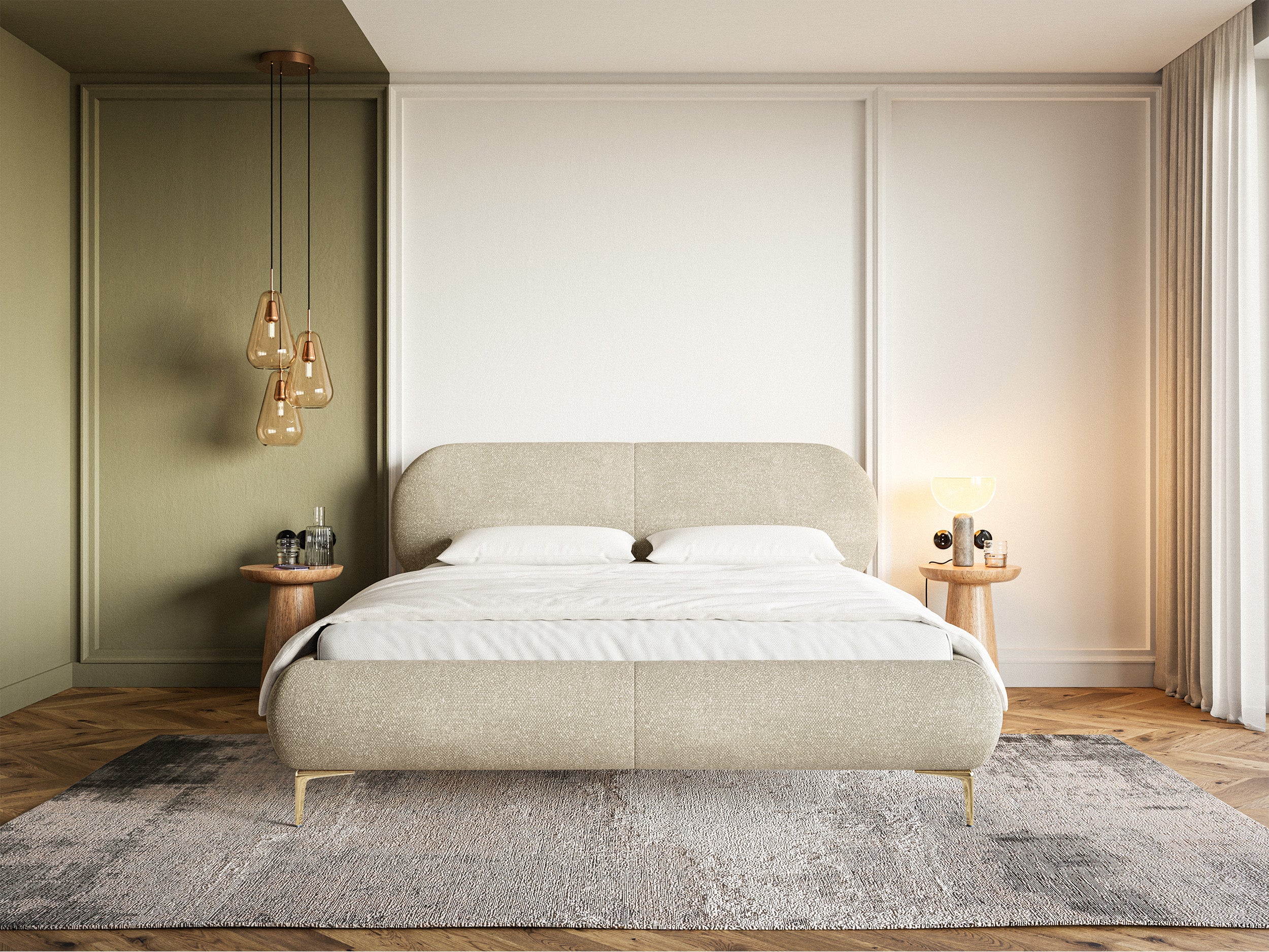 Polsterbett 160x200 cm Ovalle, beige Chenille, goldene Beine