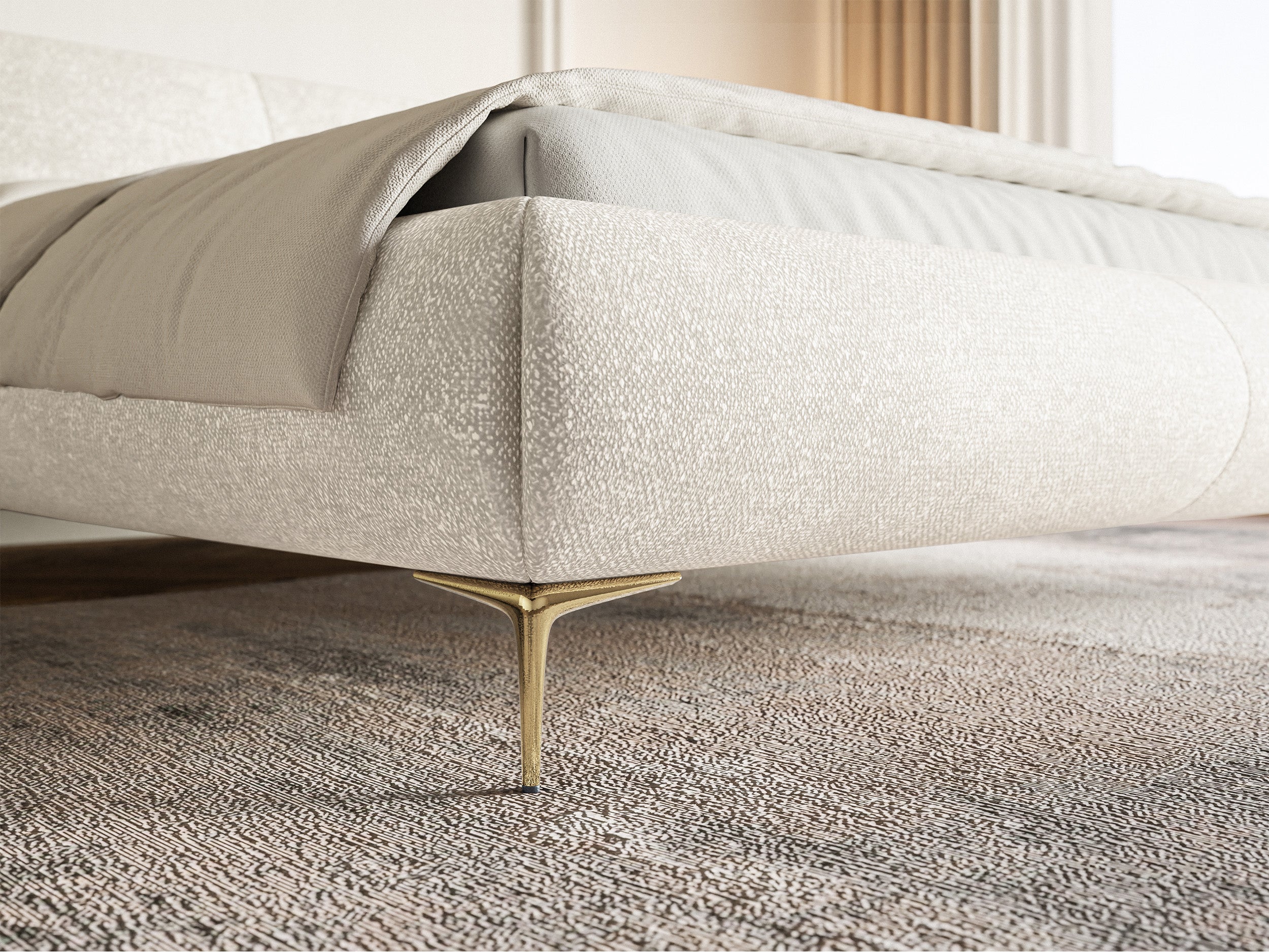 Gepolstertes Bett 160x200 cm Ovalle, cremefarben, Chenille, goldene Beine