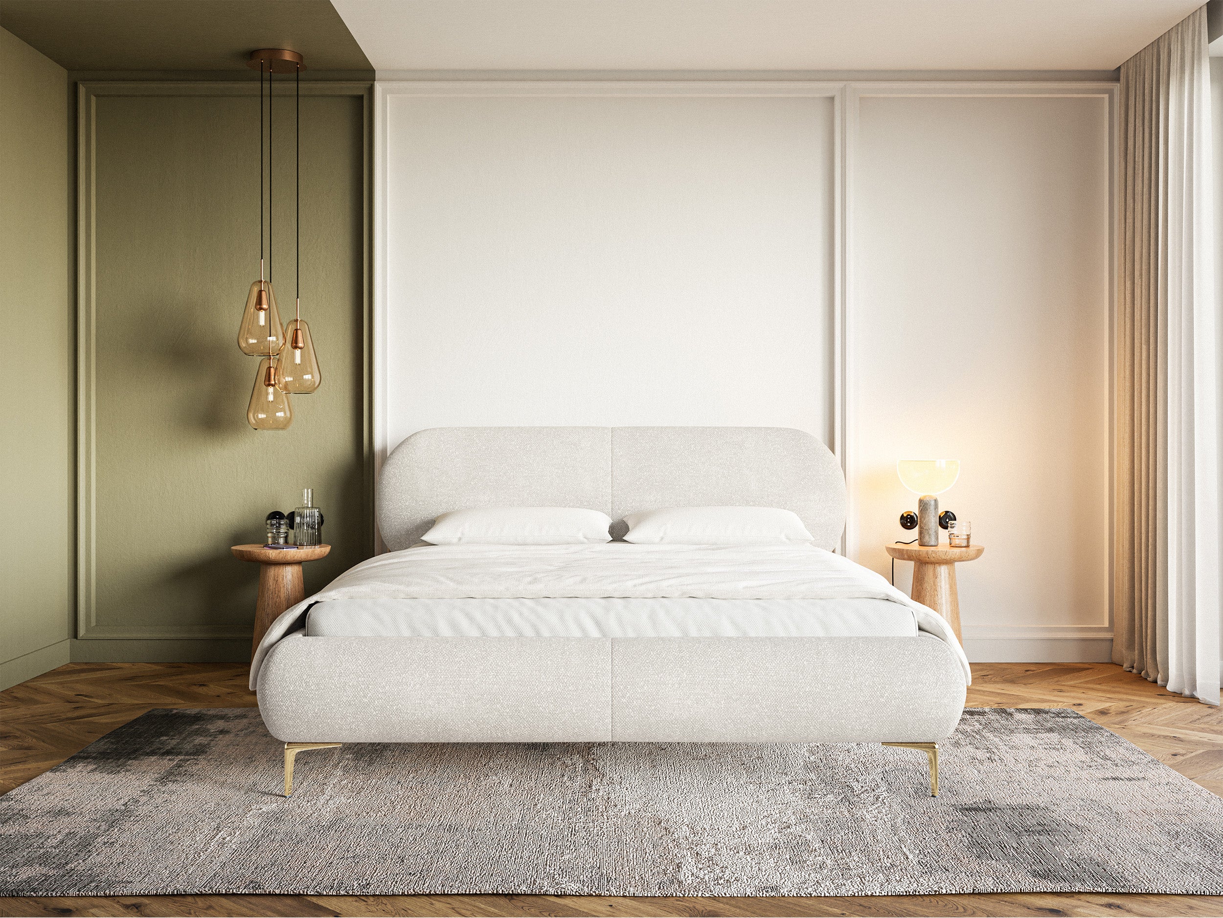 Polsterbett 180x200 cm Ovalle, cremefarben, Chenille, goldene Beine