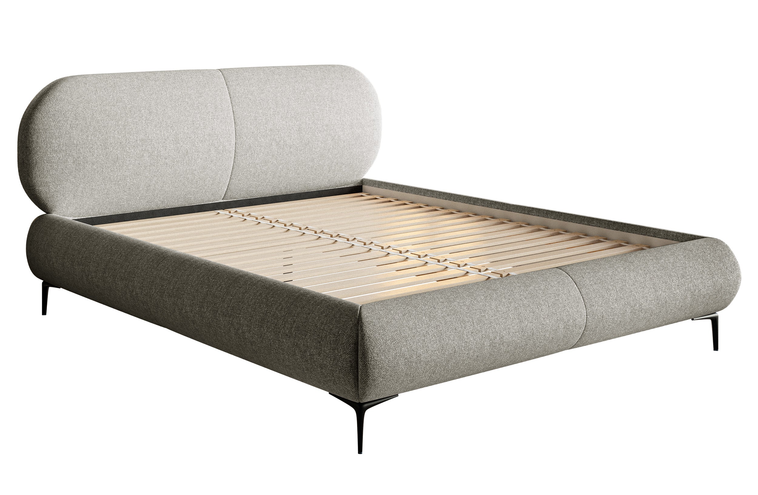 Gepolstertes Bett 140x200 cm Ovalle, grau, wasserabweisendes Geflecht, schwarze Beine