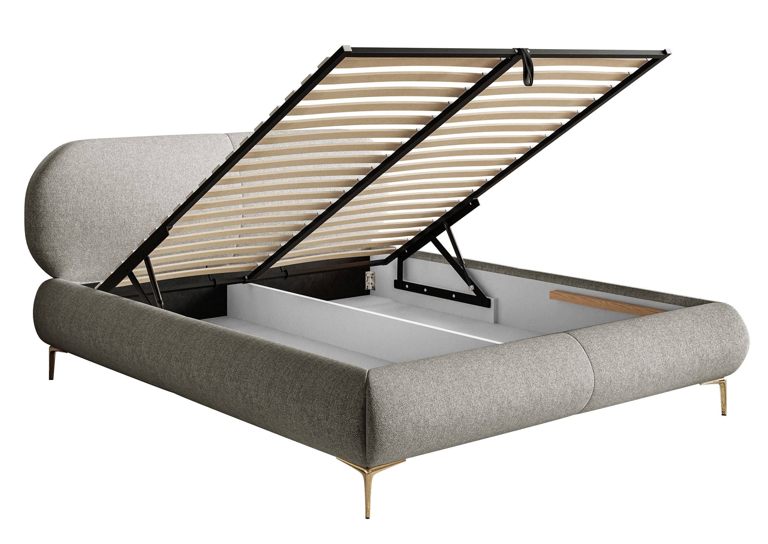 Gepolstertes Bett 160x200 cm Ovalle mit Stauraum, Metallrahmen, graues, wasserabweisendes Geflecht, goldene Füße