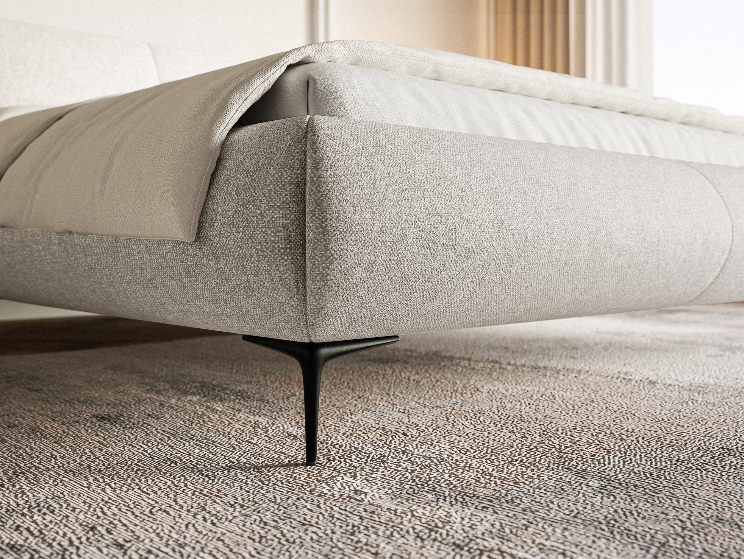 Gepolstertes Bett 180x200 cm Ovalle, grau-beige, wasserabweisendes Geflecht, schwarze Beine
