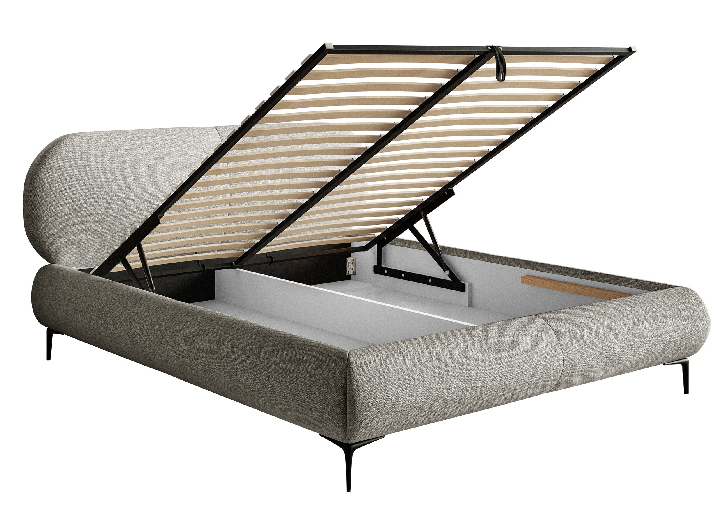 Gepolstertes Bett 160x200 cm Ovalle mit Stauraum, Metallrahmen, graues, wasserabweisendes Geflecht, schwarze Beine