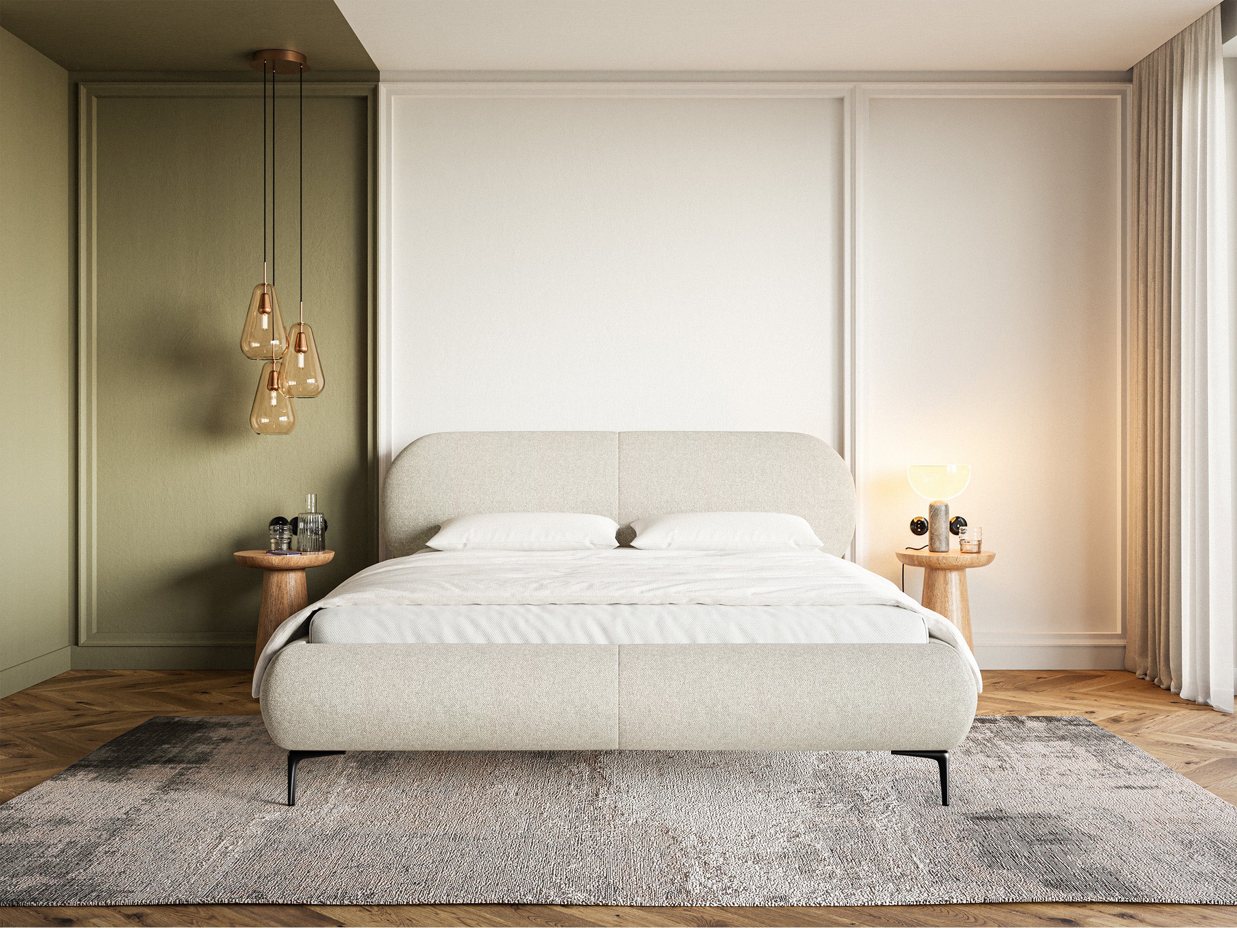 Polsterbett 140x200 cm Ovalle, hellbeige, wasserabweisendes Geflecht, schwarze Beine