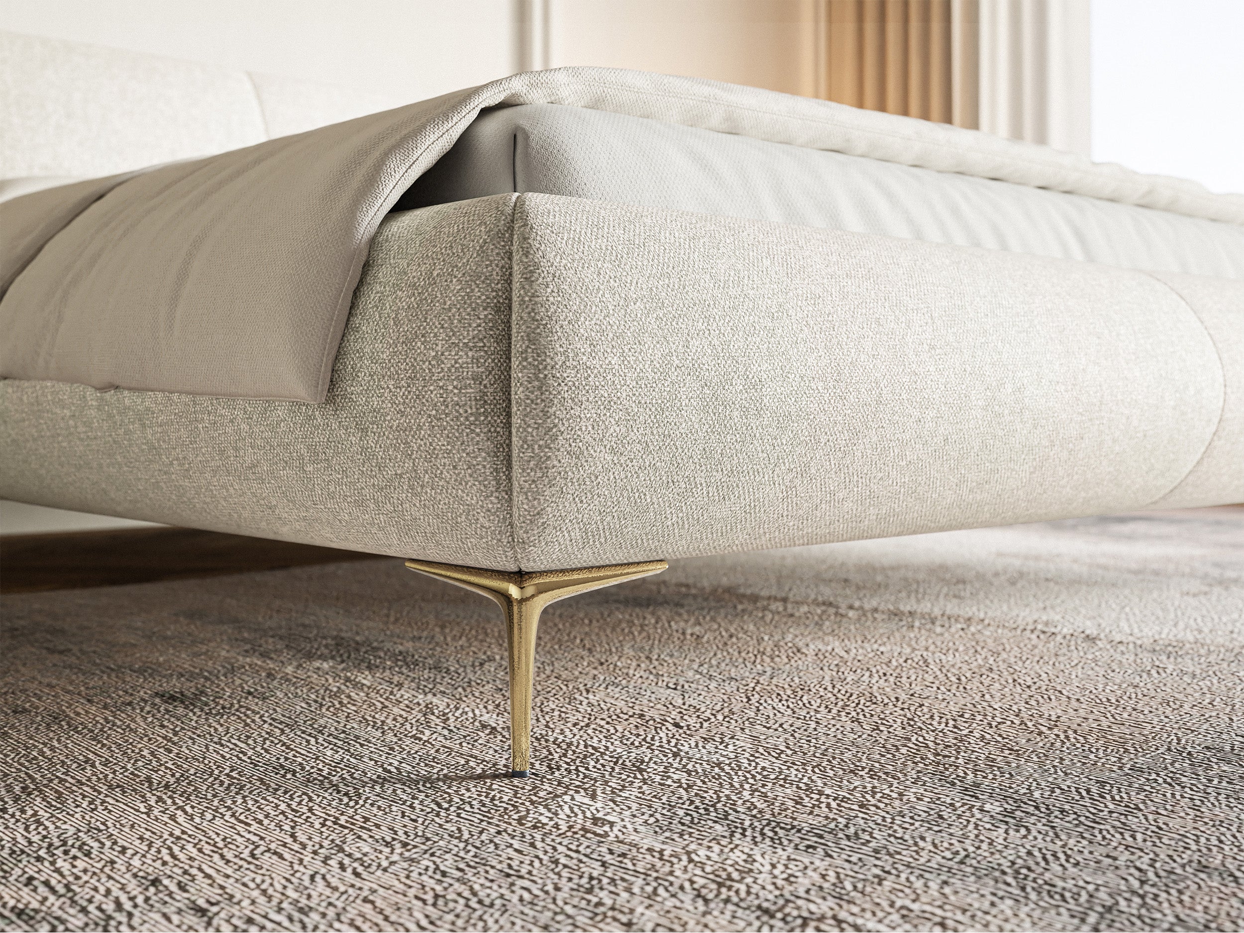 Polsterbett 160x200 cm Ovalle hellbeige, wasserabweisendes Geflecht, goldene Beine