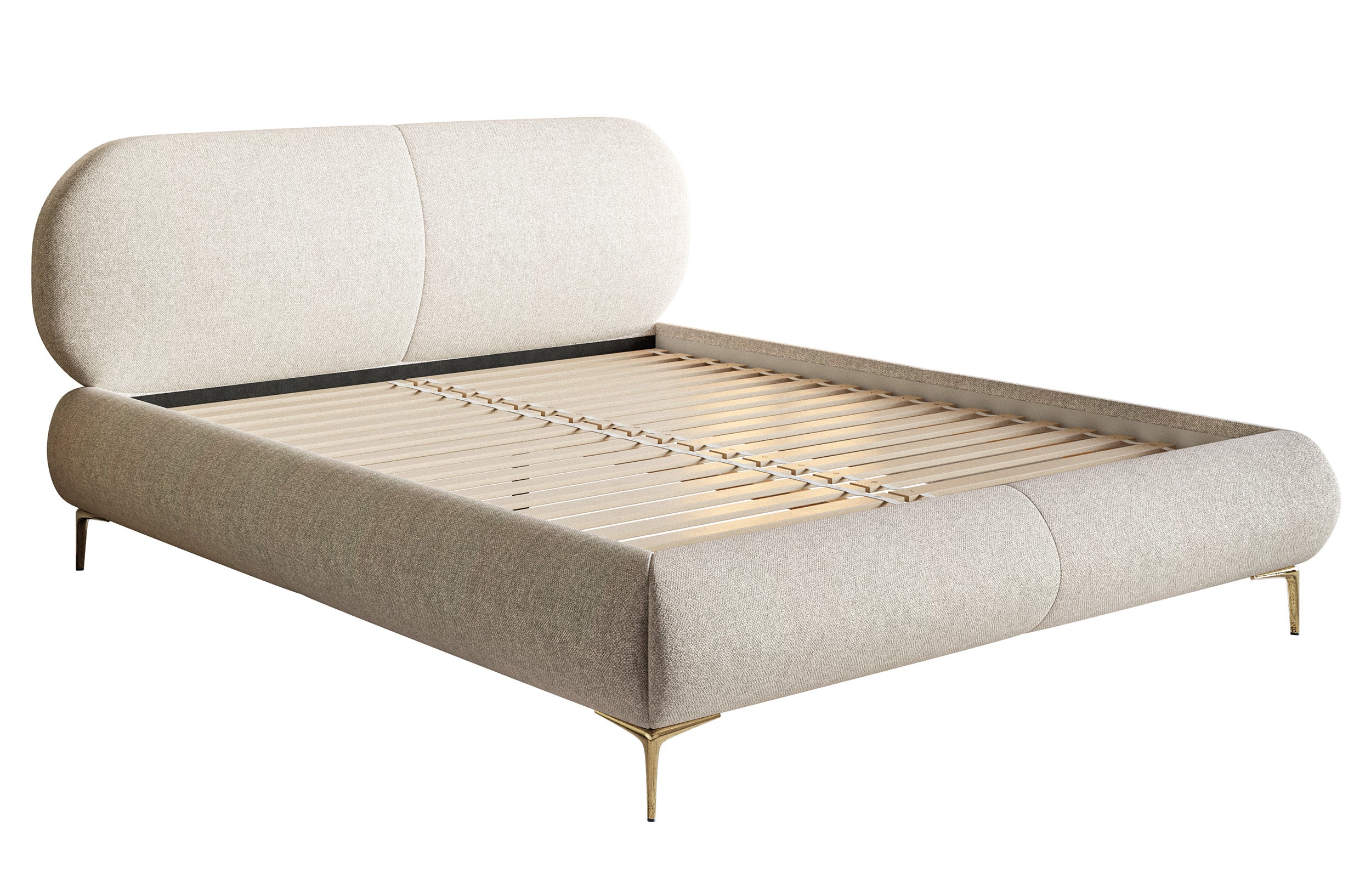 Polsterbett 160x200 cm Ovalle hellbeige, wasserabweisendes Geflecht, goldene Beine
