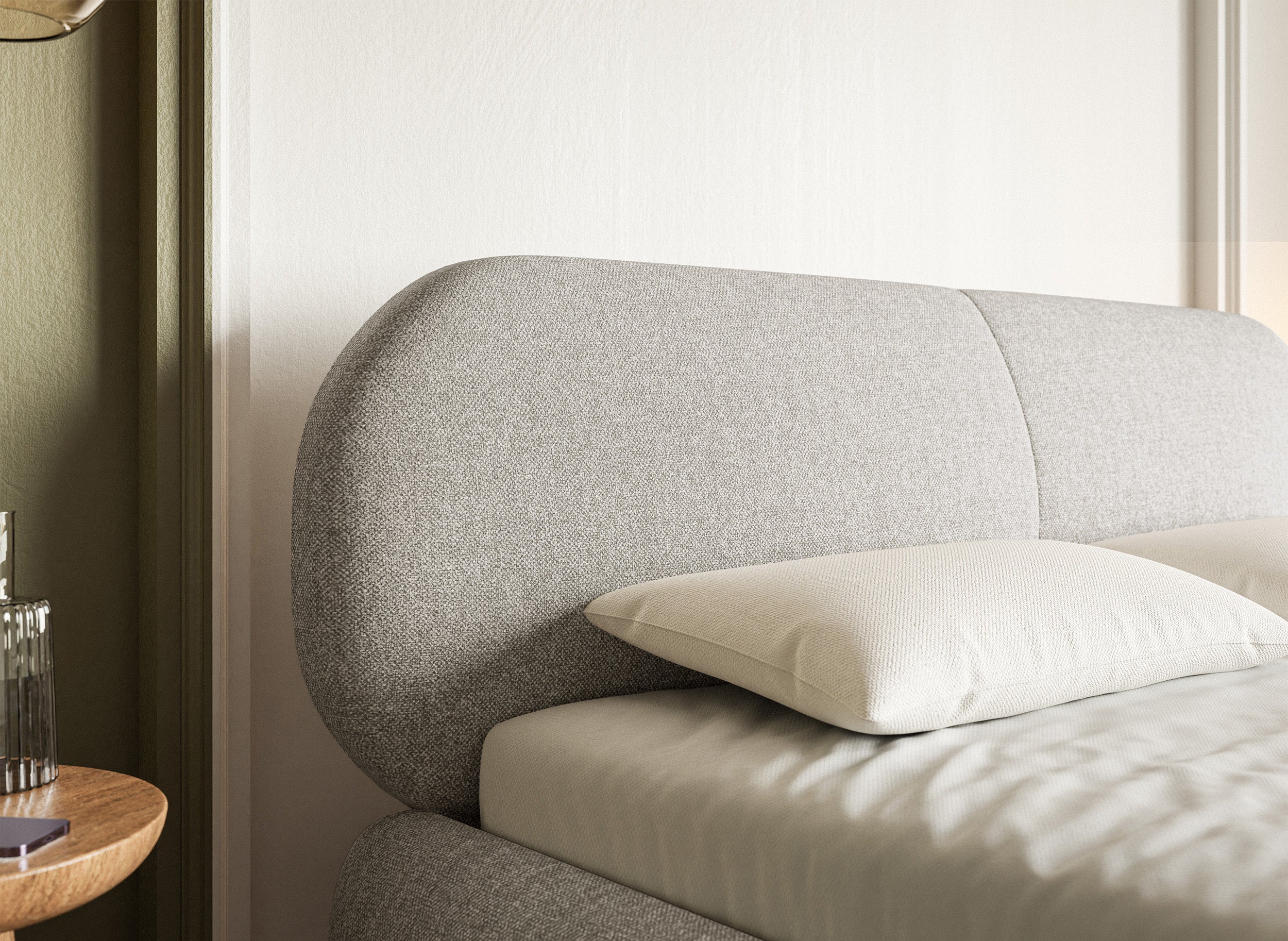 Gepolstertes Bett 160x200 cm Ovalle mit Stauraum, Metallrahmen, grau-beige geflochten, wasserabweisend, goldene Beine