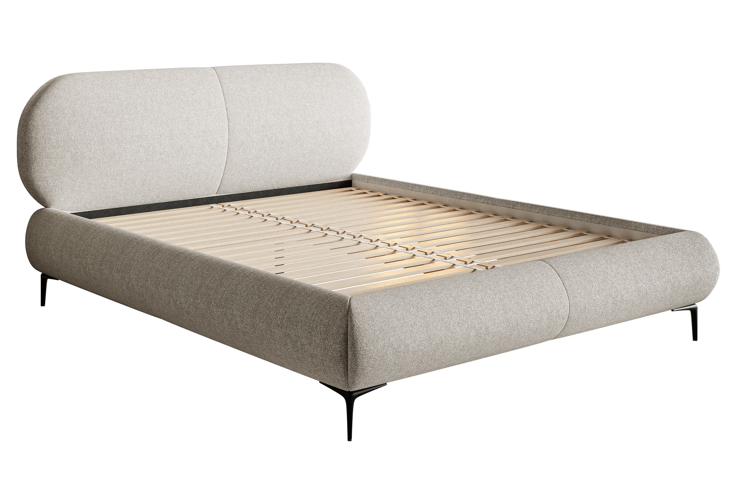 Gepolstertes Bett 180x200 cm Ovalle, grau-beige, wasserabweisendes Geflecht, schwarze Beine
