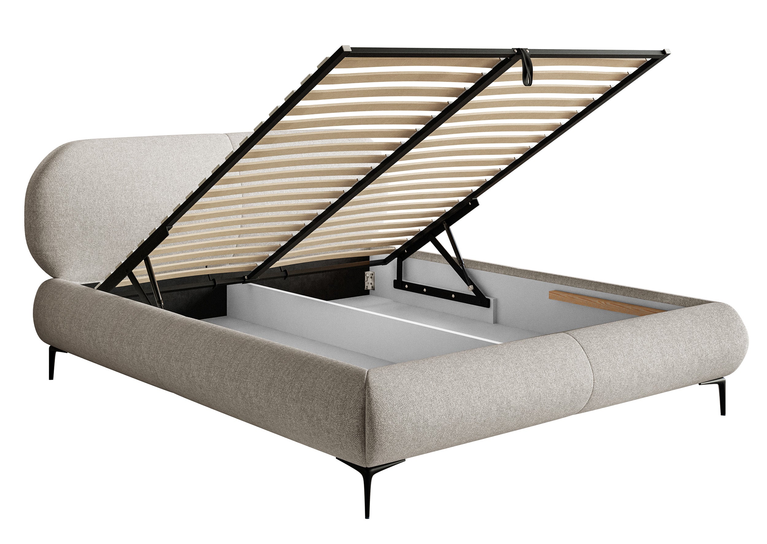 Gepolstertes Bett 140x200 cm Ovalle mit Stauraum, Metallrahmen, grau-beige gewebt, wasserabweisend, schwarze Beine