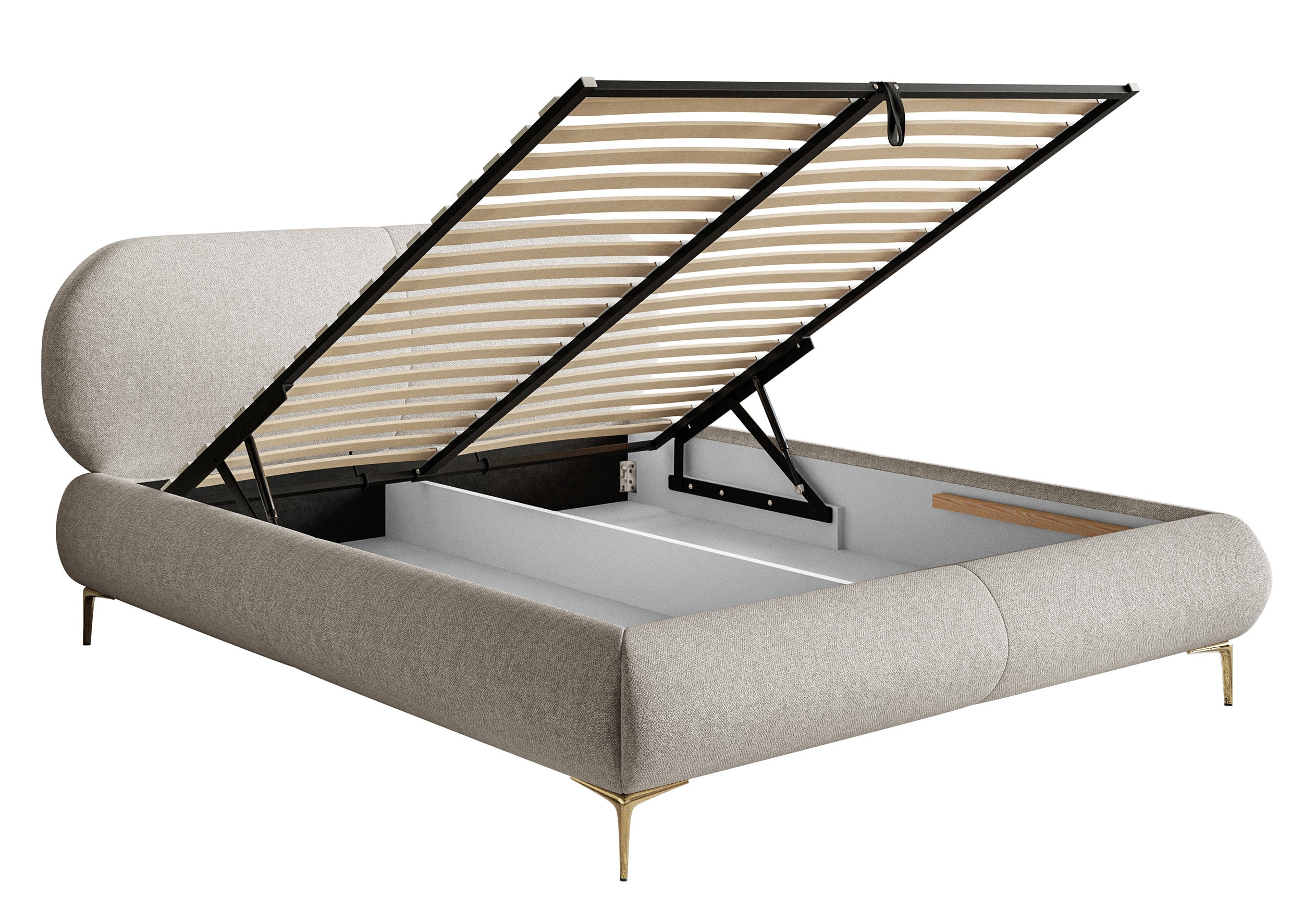 Gepolstertes Bett 160x200 cm Ovalle mit Stauraum, Metallrahmen, grau-beige geflochten, wasserabweisend, goldene Beine