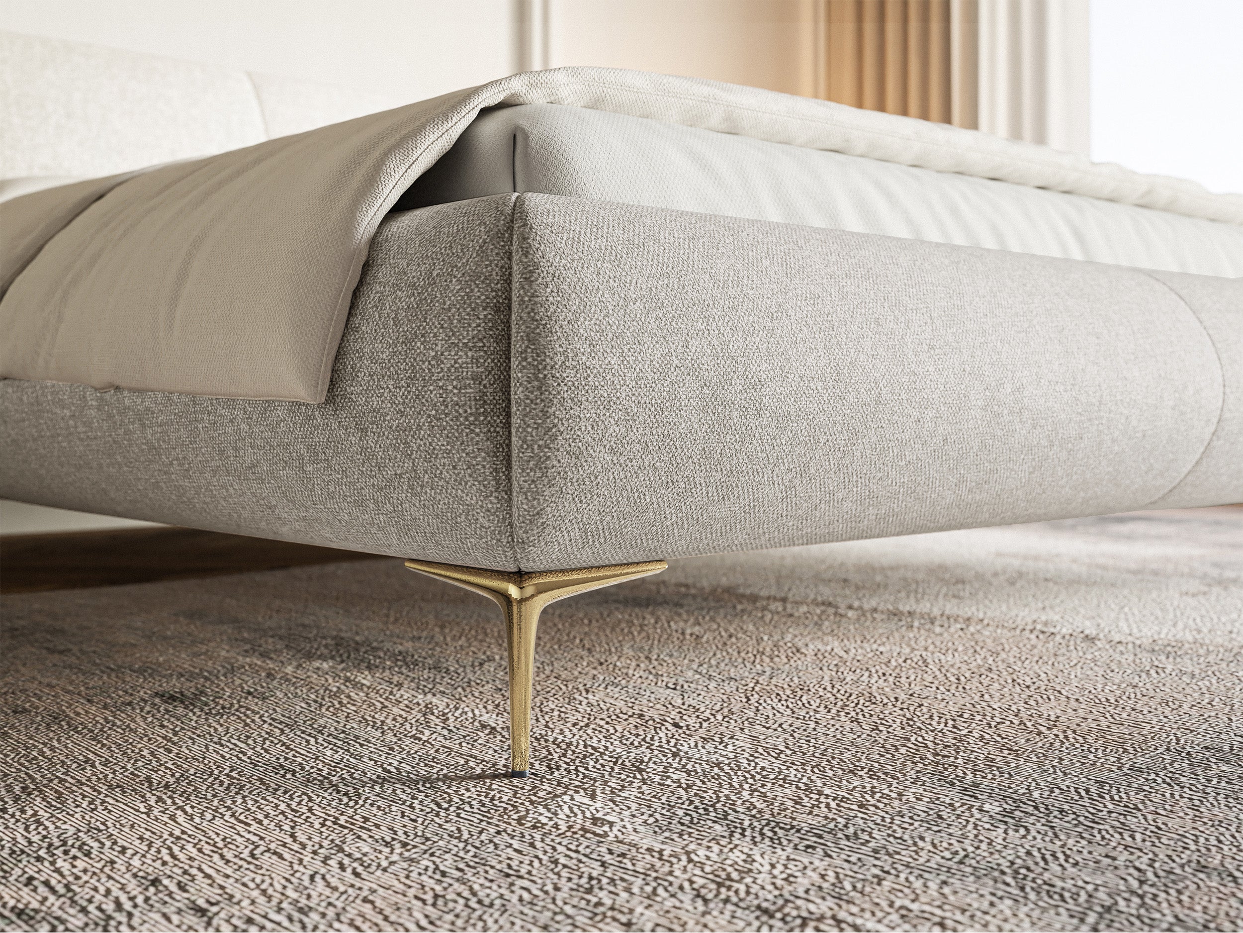 Gepolstertes Bett 160x200 cm Ovalle mit Stauraum, Metallrahmen, grau-beige geflochten, wasserabweisend, goldene Beine