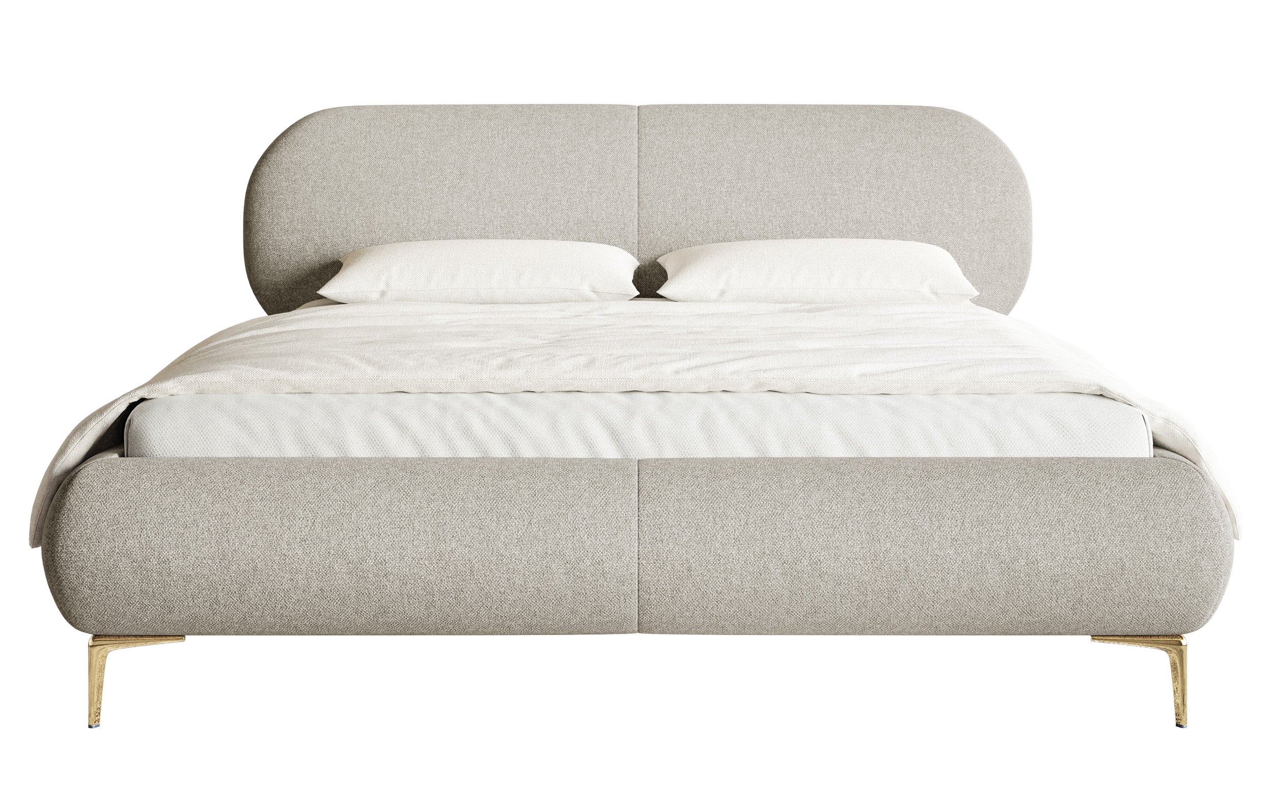 Gepolstertes Bett 160x200 cm Ovalle mit Stauraum, Metallrahmen, grau-beige geflochten, wasserabweisend, goldene Beine