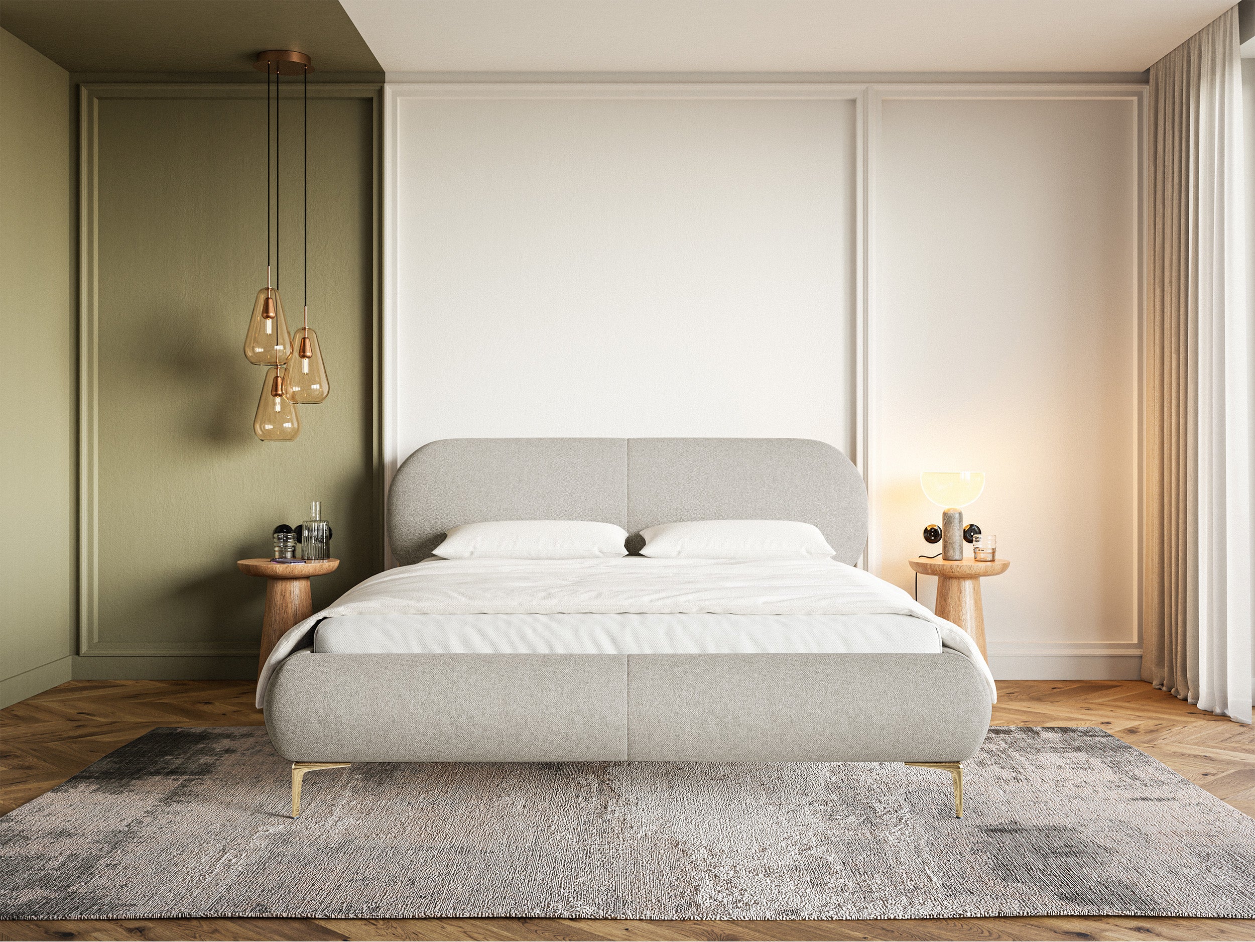 Gepolstertes Bett 160x200 cm Ovalle mit Stauraum, Metallrahmen, grau-beige geflochten, wasserabweisend, goldene Beine