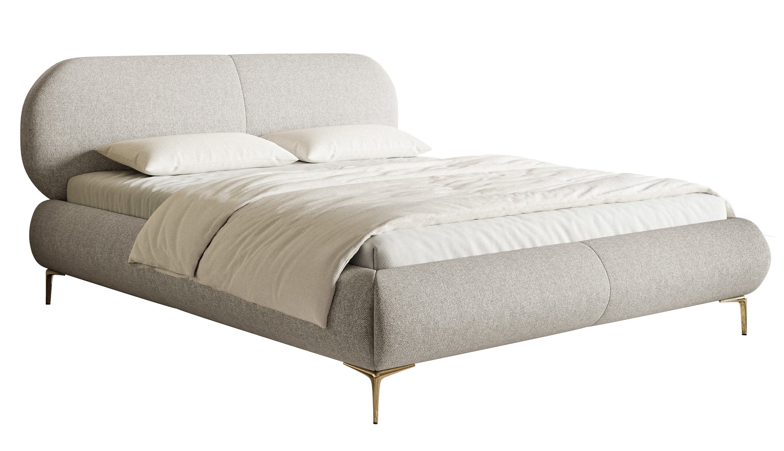 Gepolstertes Bett 160x200 cm Ovalle mit Stauraum, Metallrahmen, grau-beige geflochten, wasserabweisend, goldene Beine