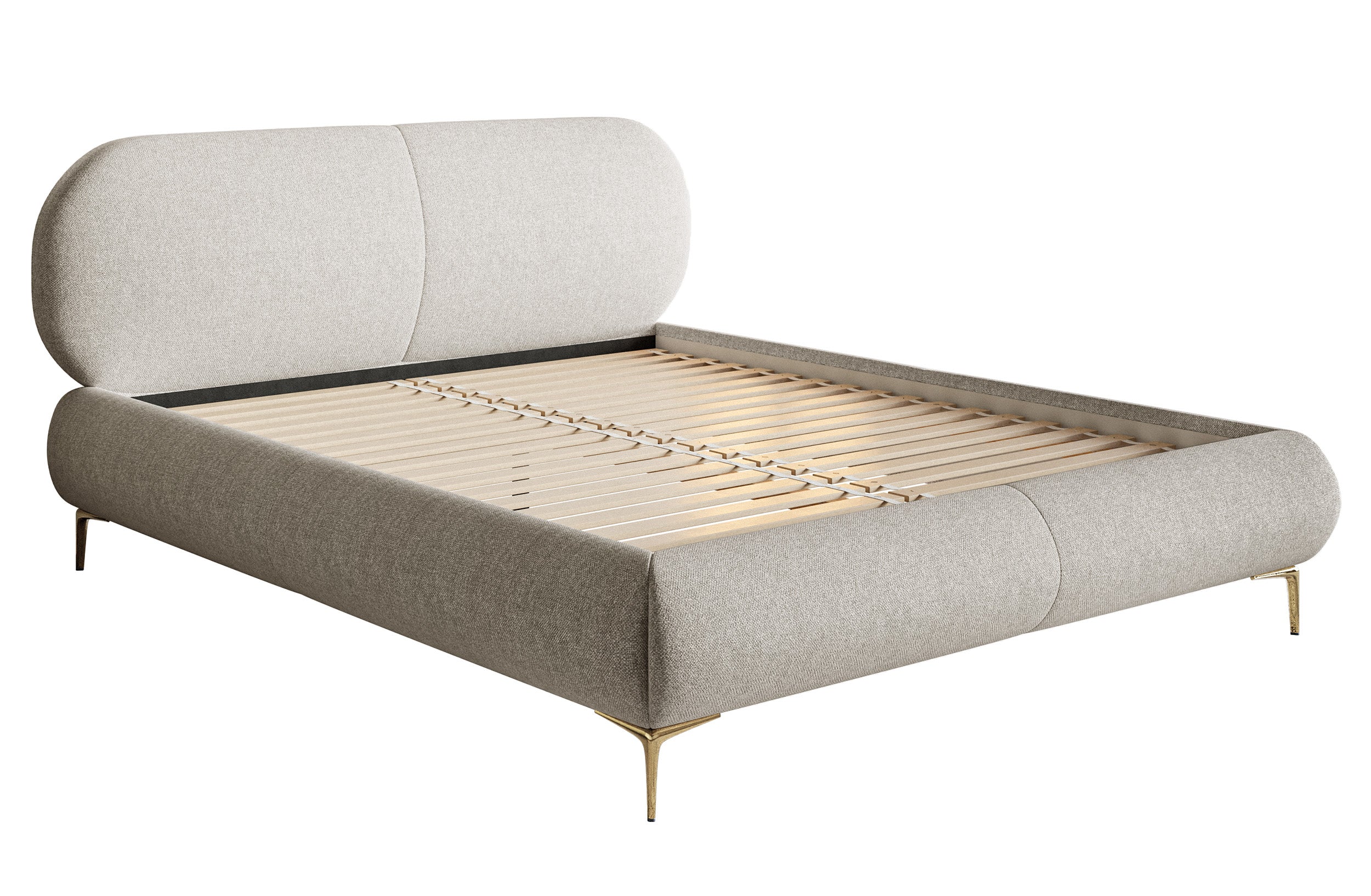 Gepolstertes Bett 160x200 cm Ovalle, grau-beige, wasserabweisendes Geflecht, goldene Beine