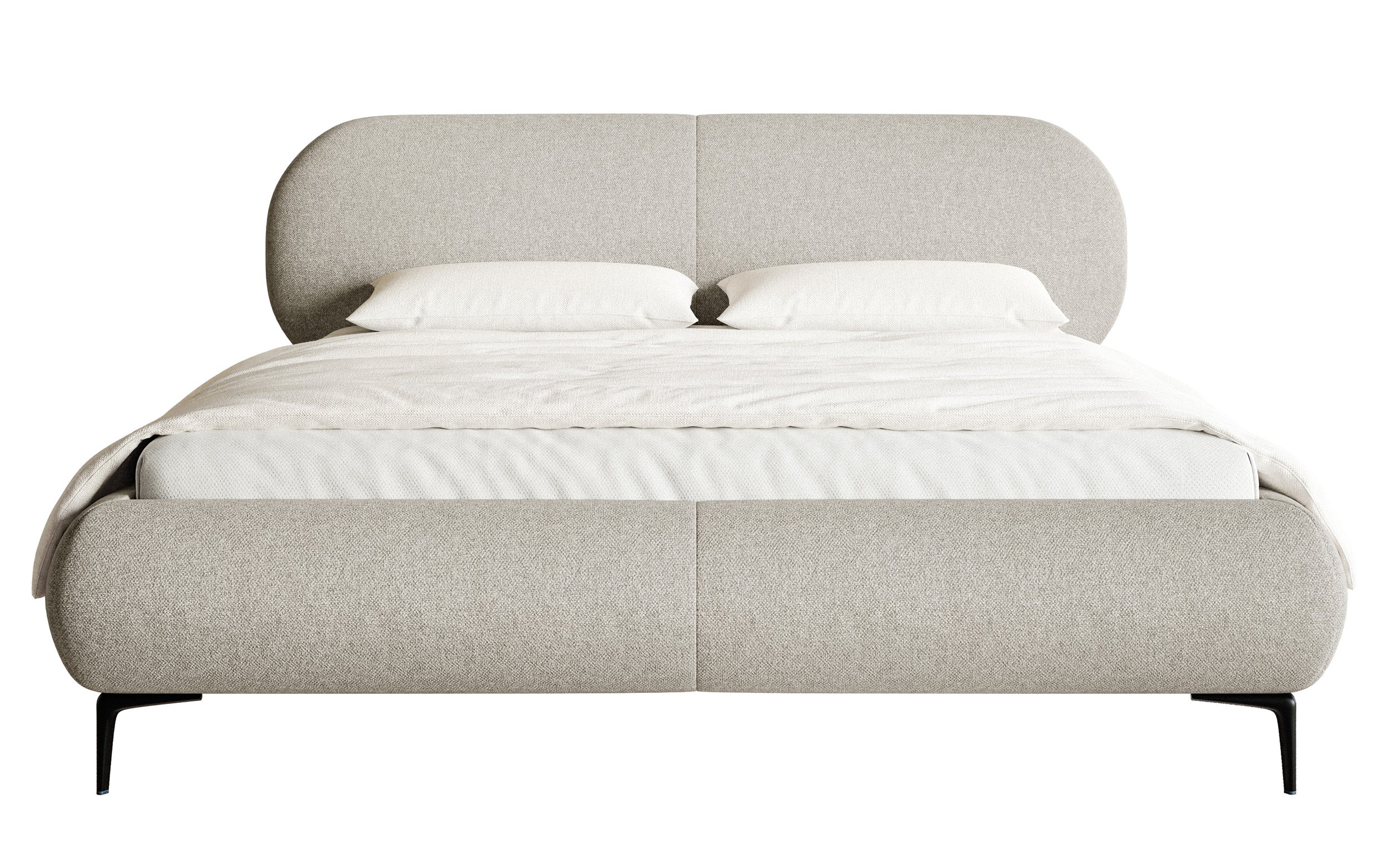 Gepolstertes Bett 180x200 cm Ovalle, grau-beige, wasserabweisendes Geflecht, schwarze Beine