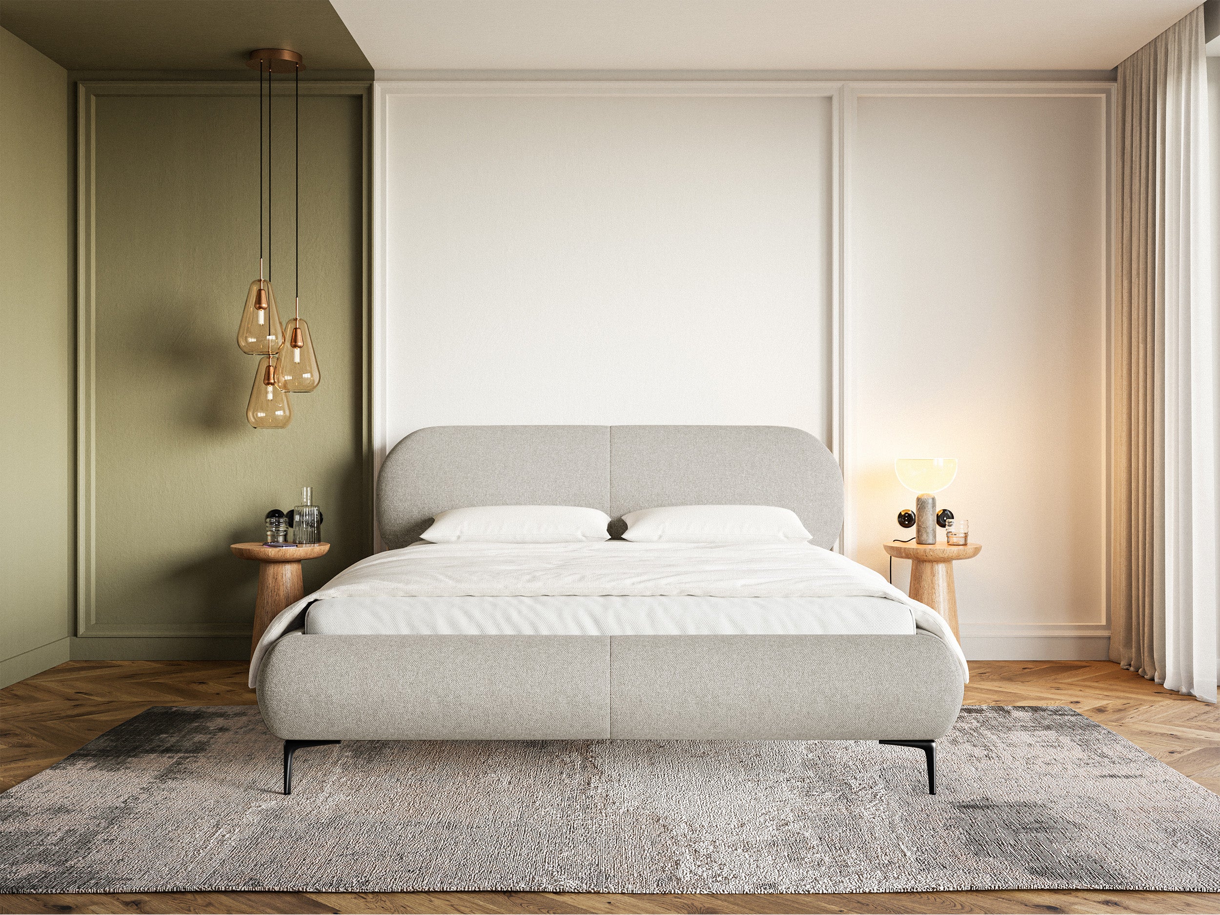 Gepolstertes Bett 160x200 cm Ovalle in grau-beige, wasserabweisendes Geflecht, schwarze Beine