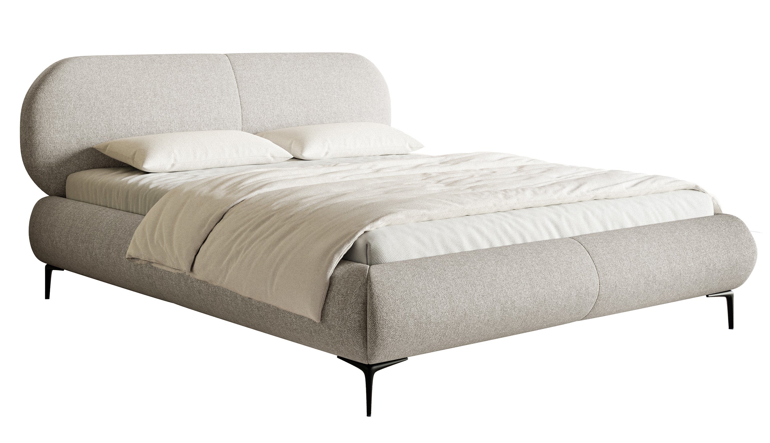 Gepolstertes Bett 160x200 cm Ovalle in grau-beige, wasserabweisendes Geflecht, schwarze Beine