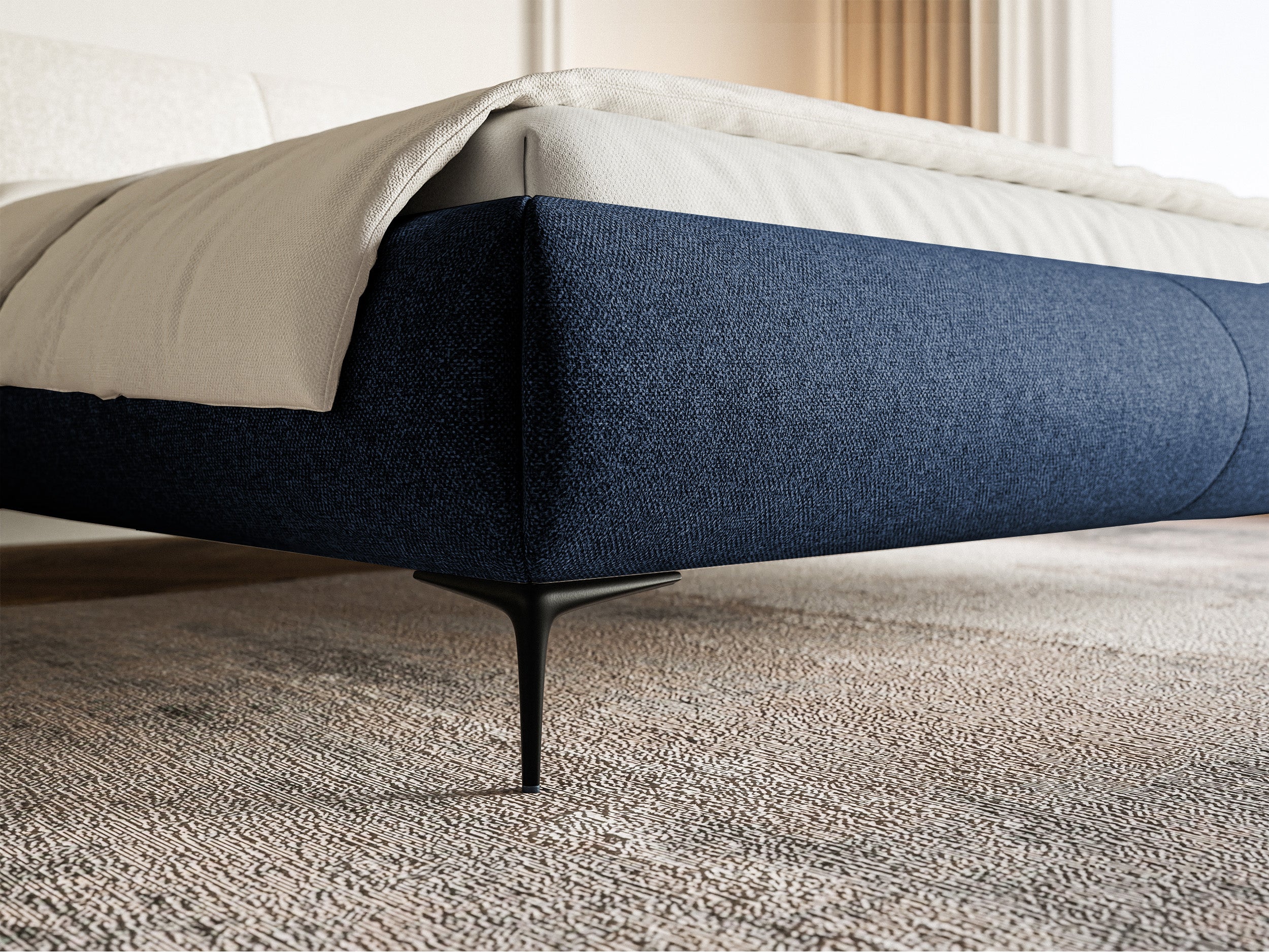 Gepolstertes Bett 160x200 cm Ovalle mit Stauraum, Metallrahmen, marineblaue hydrofobe Flechtung, schwarze Beine