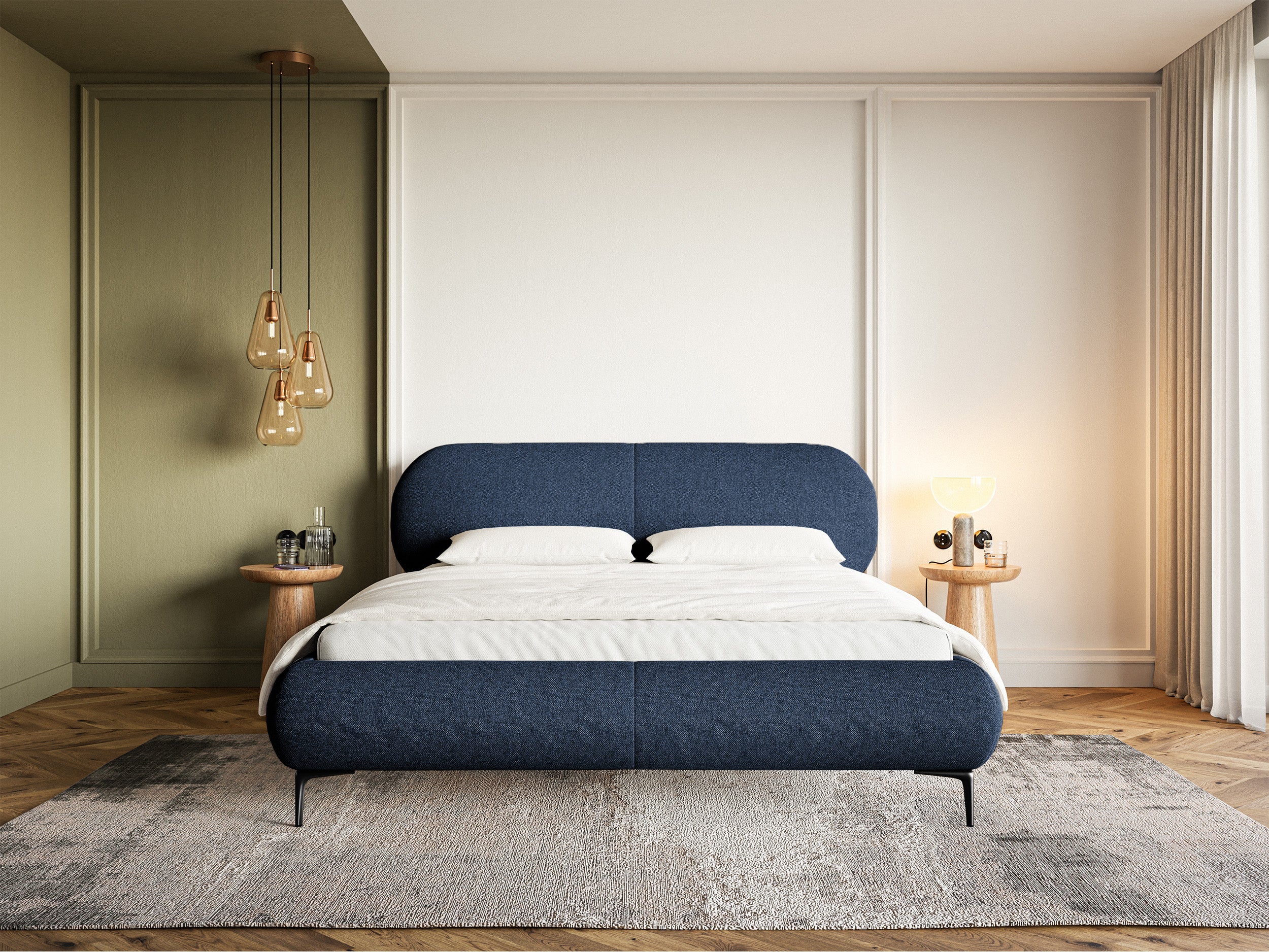 Gepolstertes Bett 160x200 cm Ovalle mit Stauraum, Metallrahmen, marineblaue hydrofobe Flechtung, schwarze Beine