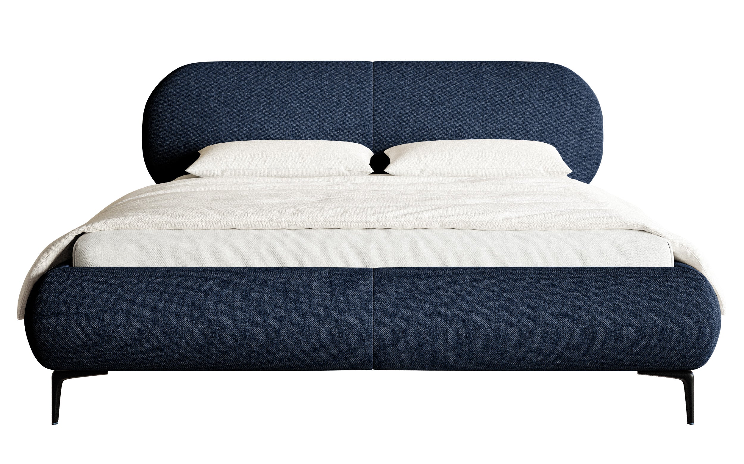 Gepolstertes Bett 160x200 cm Ovalle mit Stauraum, Metallrahmen, marineblaue hydrofobe Flechtung, schwarze Beine